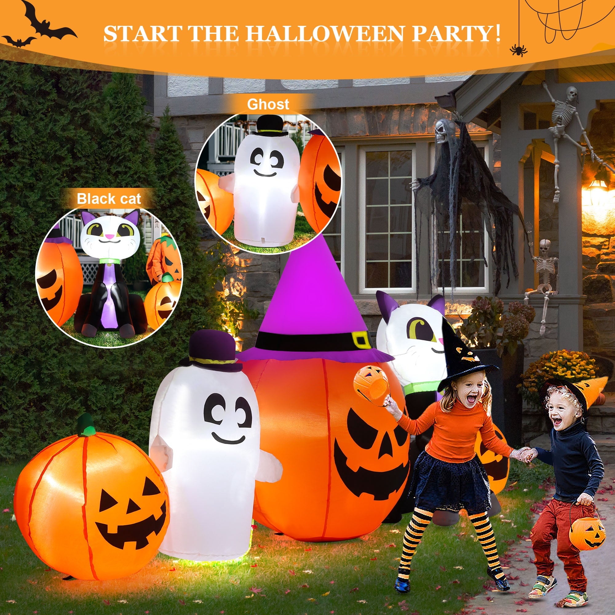 8ft Halloween Inflatable Pumpkins Outdoor Decor with Black Cat and Spectre,Built-in LED Lights,for Halloween Party,Yard,Garden,Lawn