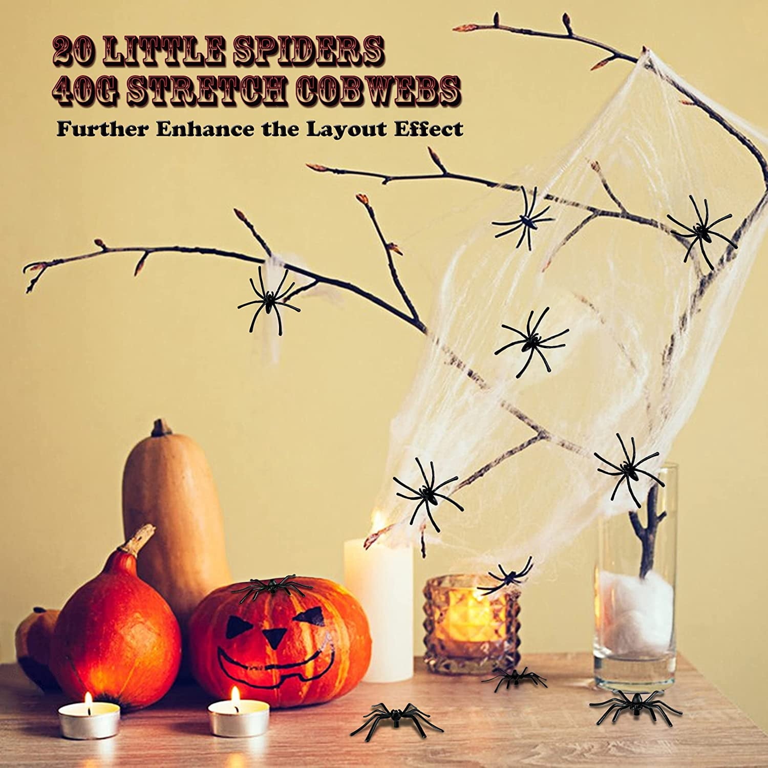 Vafful Halloween Decoration Outdoor Yrad Spider Web 275'' and 59'' Giant Spider with 20 pcs Small Spider and 40g Stretch Cobwebs for Indoor Outdoor Yard Haunted House Party Halloween Decor