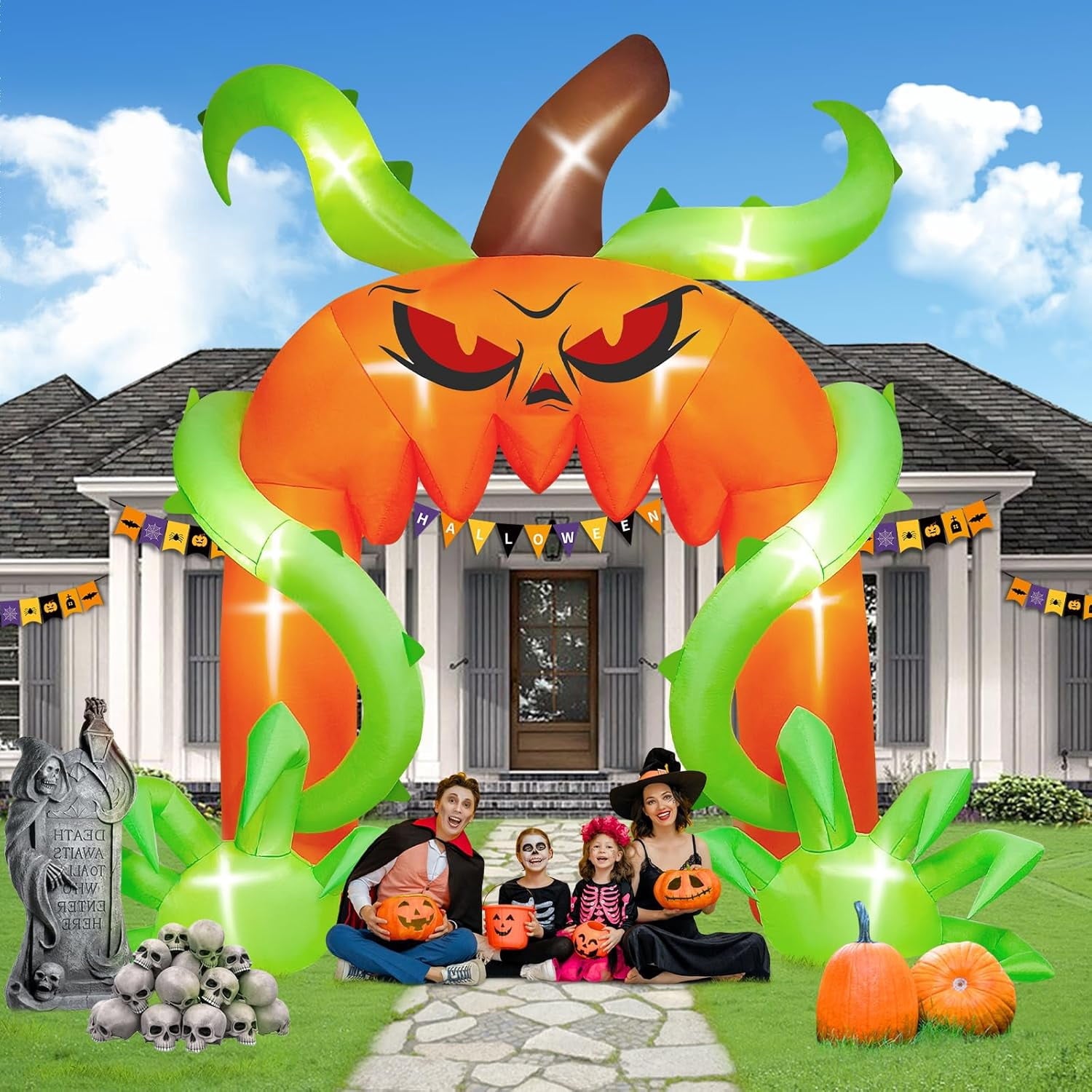 12FT Giant Halloween Pumpkin Arch Inflatable with LED Lights, Scary Blow-Up Decoration for Lawn, Garden, and Yard Holiday Party