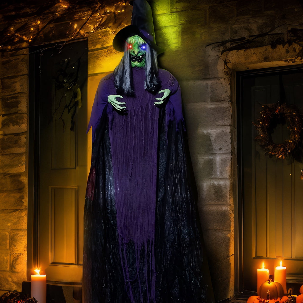 12FT Halloween Animatronic Witch Standing Outdoor Halloween Decoration w/ Green Eyes,Scary Sounds