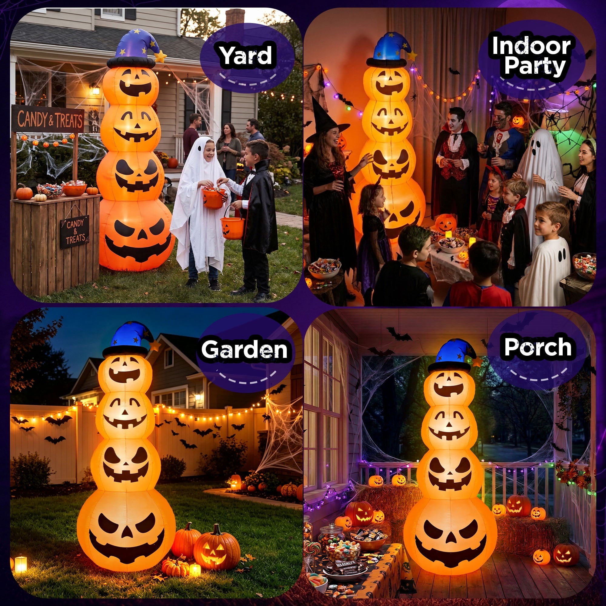8ft Halloween Inflatable, Stacked Pumpkins with Witch Hat and Built-in LED Lights, Outdoor Blow up Yard Decor for Lawn, Garden, Porch and Halloween Party, Orange