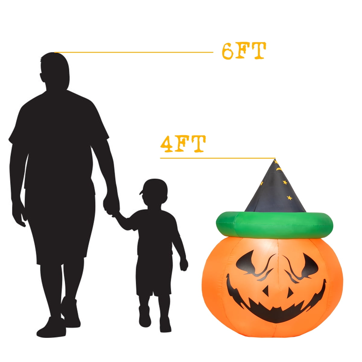 Patiojoy Halloween Decoration 4 Ft Blow-up Inflatable Pumpkin With Witch Hat LED Bulbs Yard