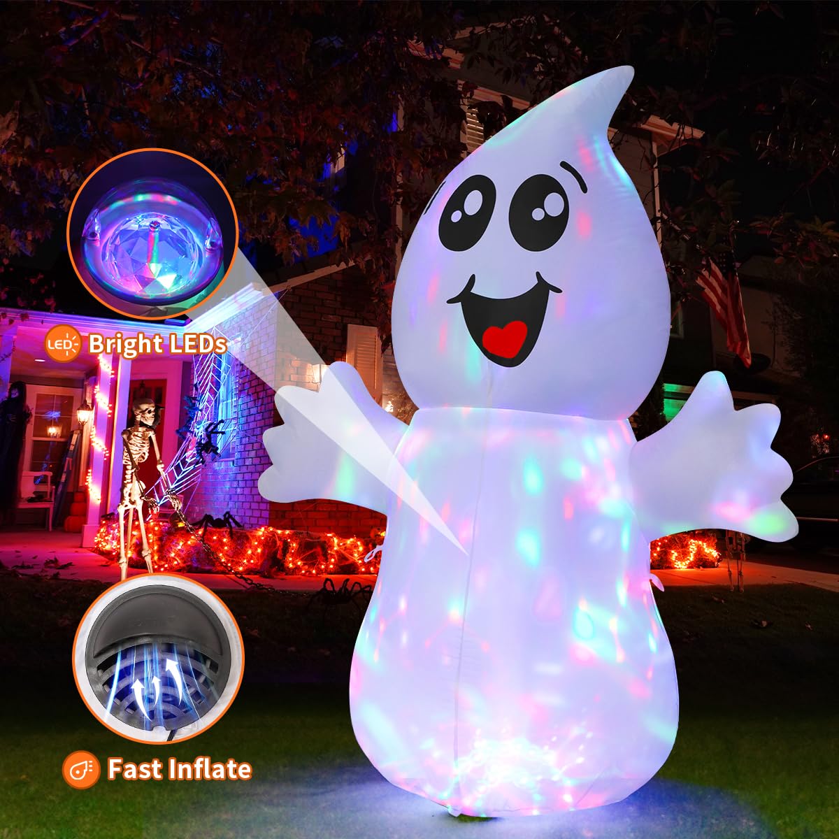 Halloween Inflatables 5 FT Halloween Ghost Inflatable with Built-in LEDs, Cute Halloween Inflatable Ghost Blow up Ghost Inflatable, Outdoor Halloween Decorations for Halloween Holiday Party