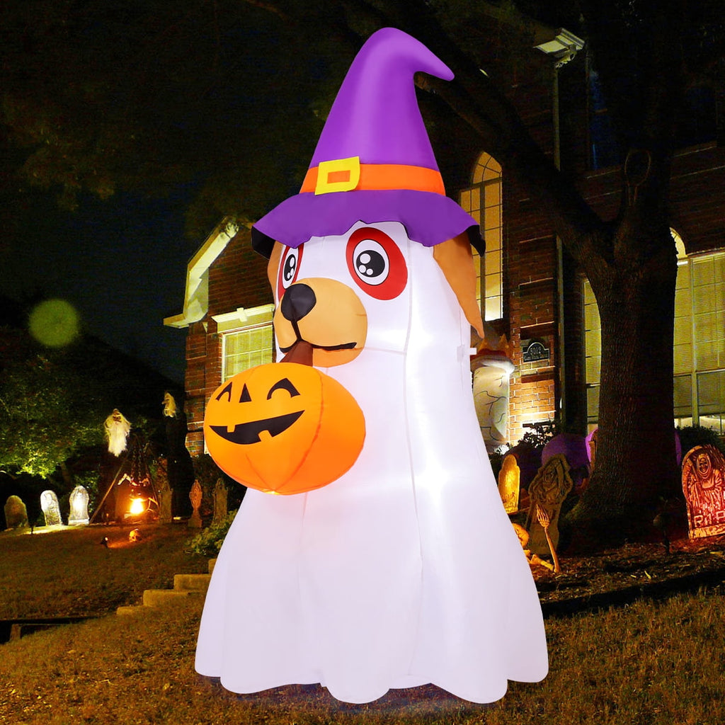 Halloween Inflatables 6 FT Inflatable Ghost Dog with Pumpkin in Mouth & Witch Hat, Halloween Ghost Dog Inflatables with LED Lights, Outdoor Halloween Decorations for Halloween Holiday Party