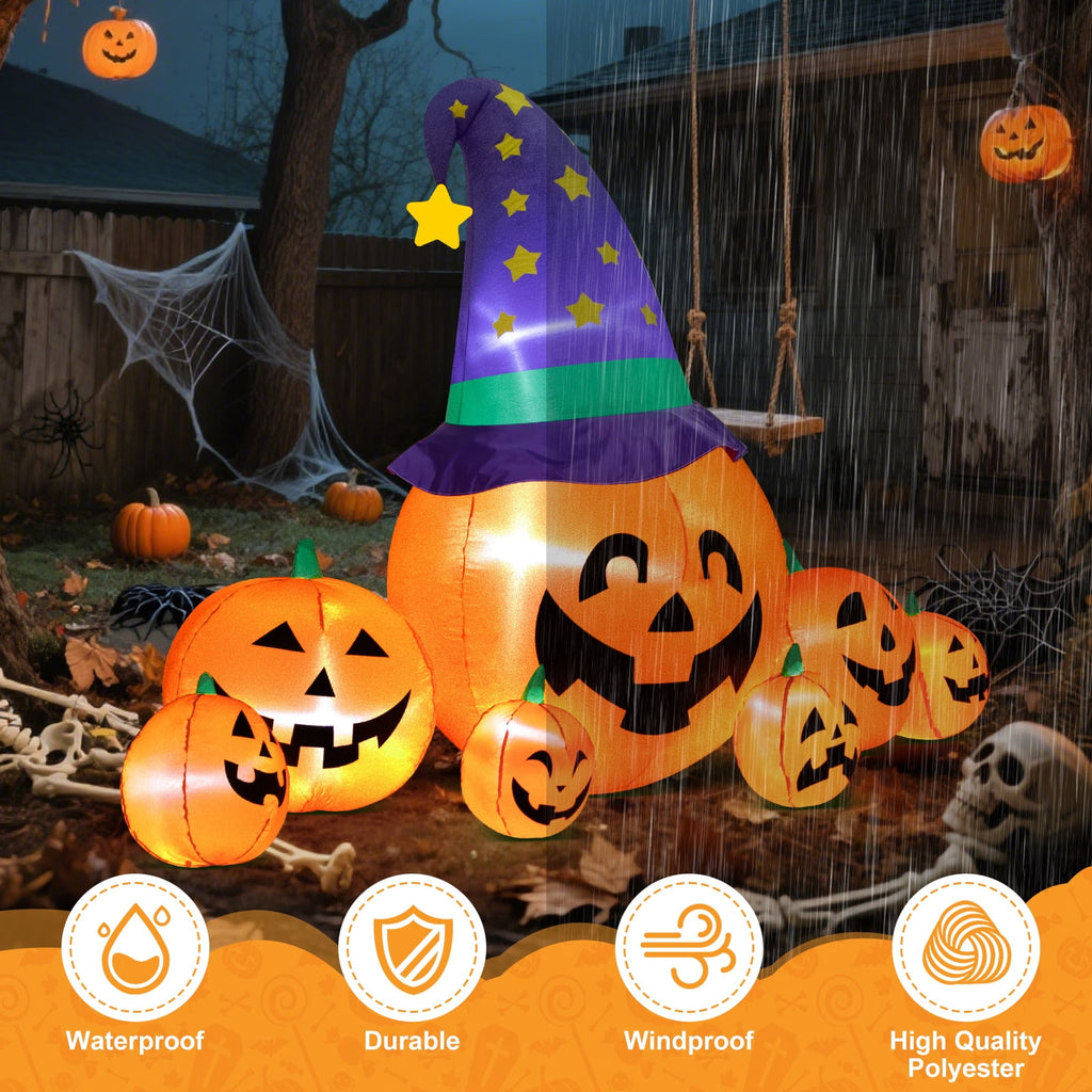 8.7FT Halloween Inflatable Pumpkin Set, 7-Pumpkin Outdoor Decoration with Witch Hats and LED Lights for Yard, Garden, Lawn
