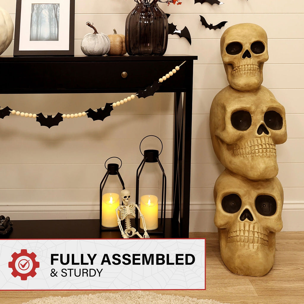 37" Skull Stack Statue with LED Eyes, Halloween Decor, HHMG036-1SKL-NAT