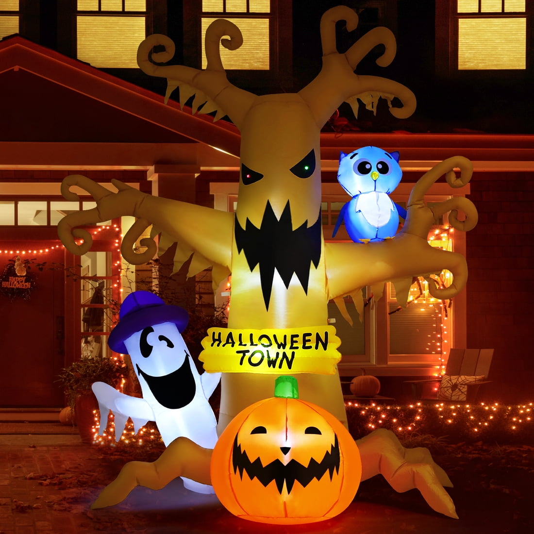 Halloween Inflatables 8 FT Halloween Inflatable tree with Ghost Pumpkin and Owl, Halloween Dead Tree Decorations Scary Halloween Decorations with Built-in Lights for Halloween/Holiday/Party
