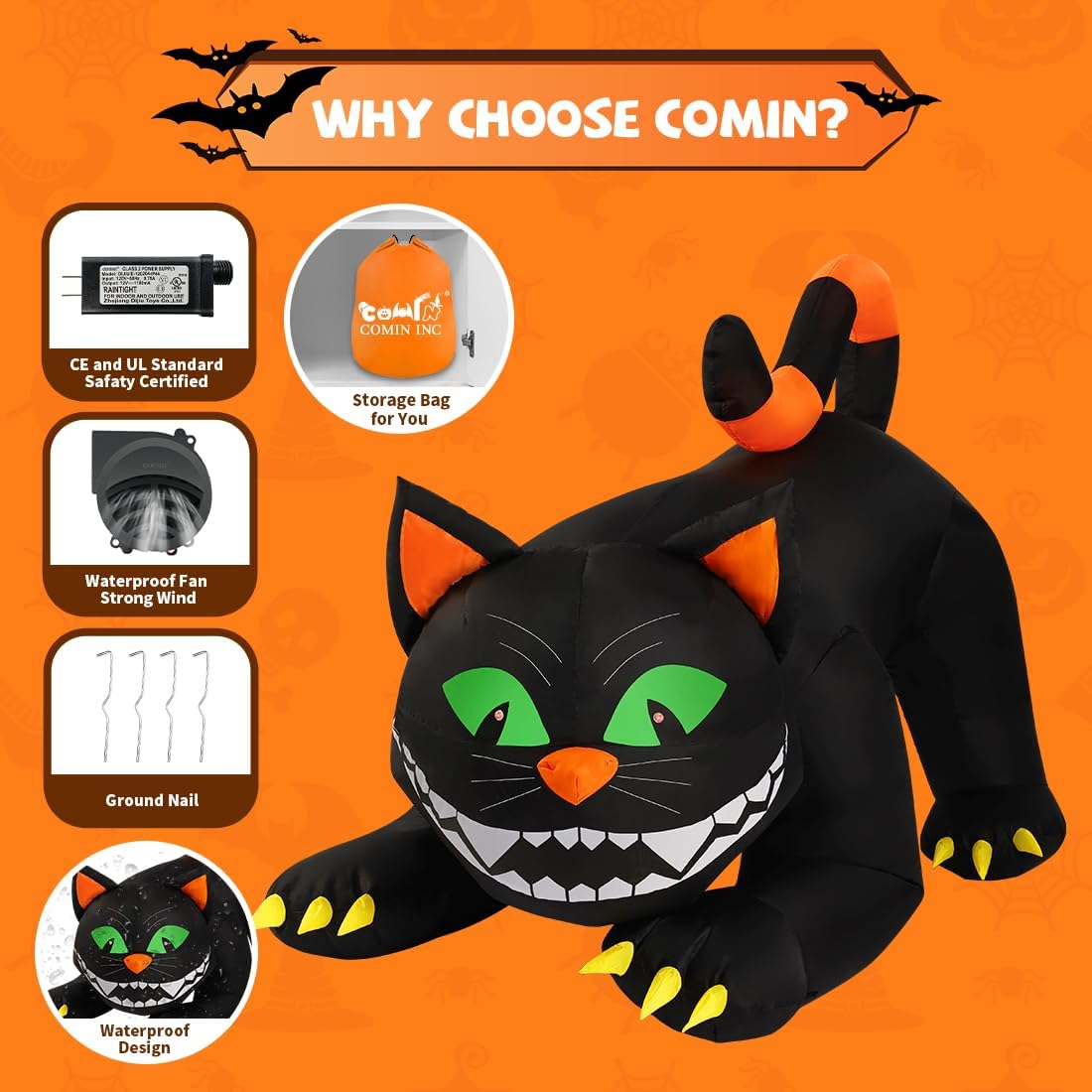 COMIN 6 FT Animated Halloween Inflatables Black Cat Outdoor Decorations Blow Up Yard Large Cat with Moving Head and Built-in LEDs for Indoor Party Garden Lawn Decor