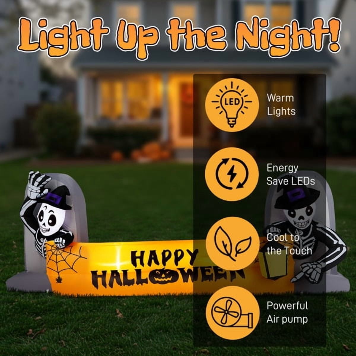 9.6FT Halloween Inflatable Skeleton Tombstone Banner, Built-in 4 White LED Lights, Quick Inflation for Yard/Patio/Party