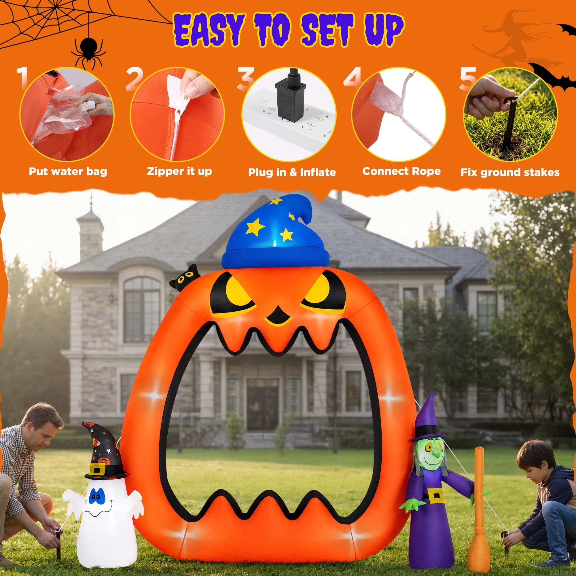 8.2ft Halloween Inflatable Pumpkins Photo Door with Ghost Witch Yard Party Outdoor Decorations with LED Lights