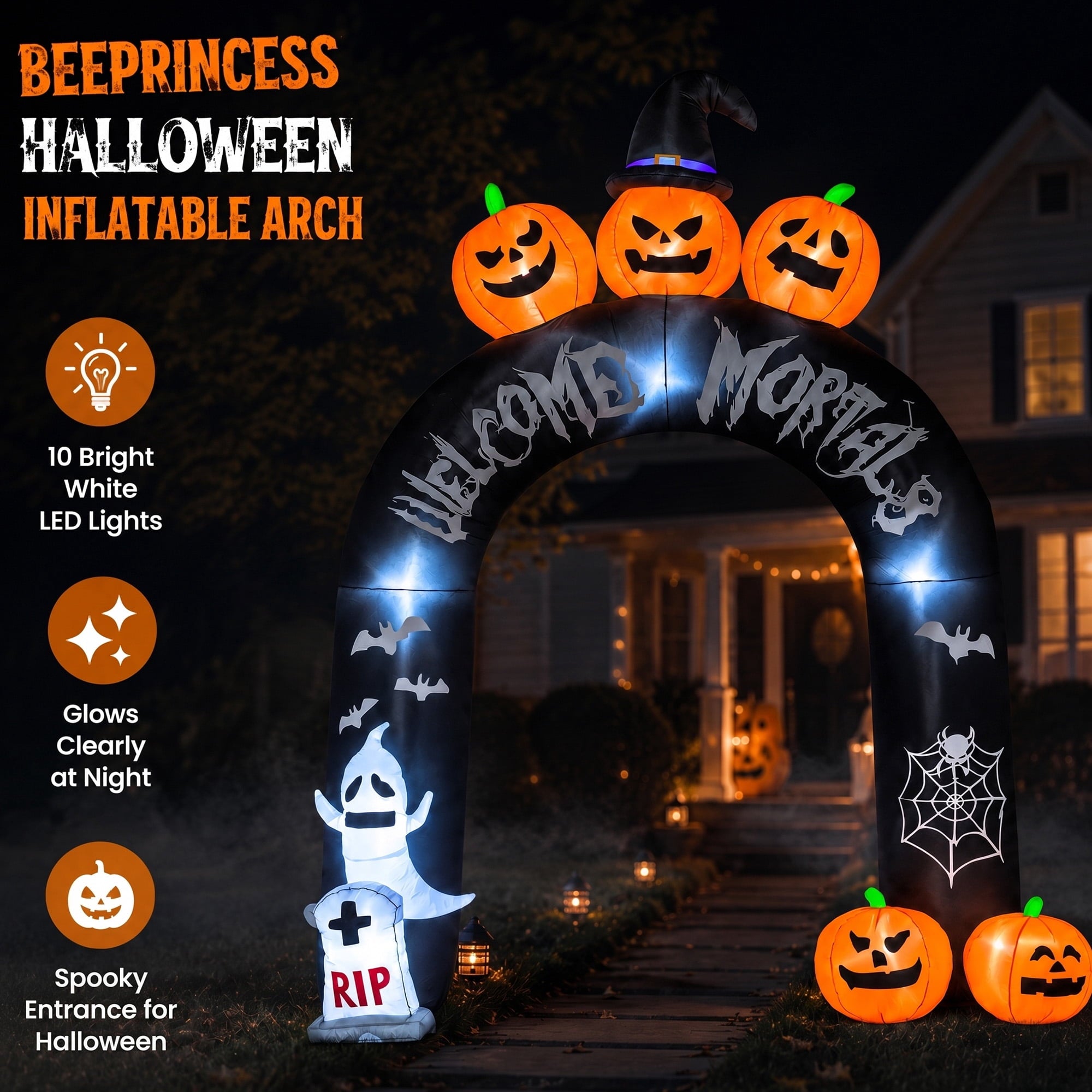 10FT Halloween Inflatable Arch for Outdoor Decor, LED Lighted Scary Archway with Ghost & Pumpkin, Blow Up Yard Decoration for Haunted Party Graveyard