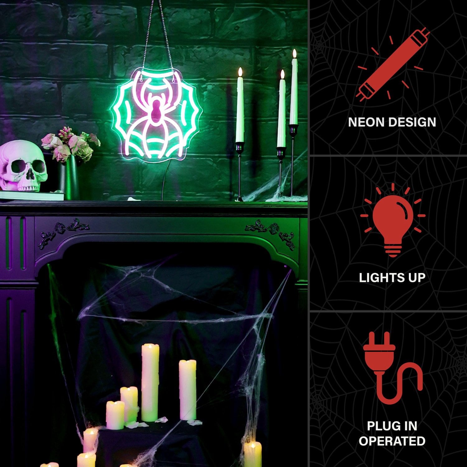Spider with Web Pink & Green Halloween Décor with Neon LED Lights, 0.9-Ft
