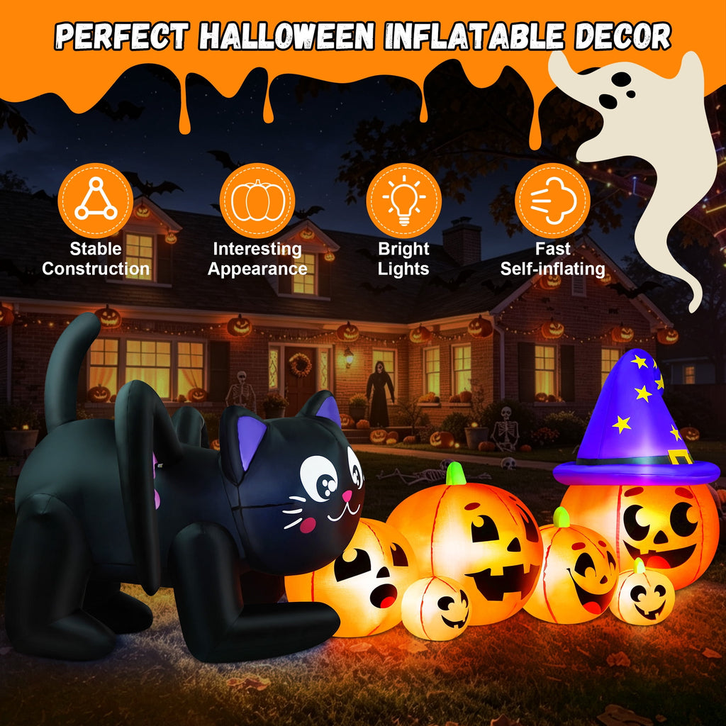 9FT Halloween Inflatable Black Cat with Pumpkin,Halloween Yard Decoration with 8 LED Lights,Blow Up Outdoor Lawn Decor