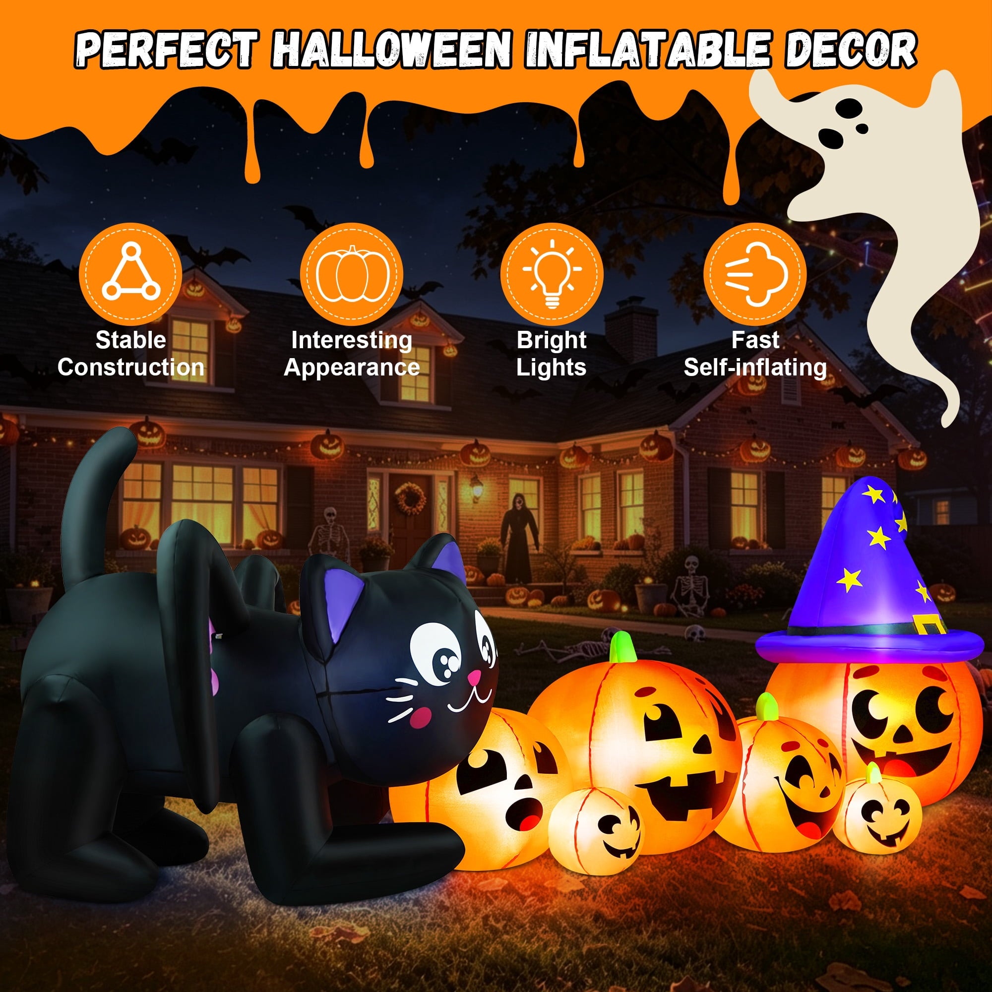 9FT Halloween Inflatable Black Cat with Pumpkin,Halloween Yard Decoration with 8 LED Lights,Blow Up Outdoor Lawn Decor