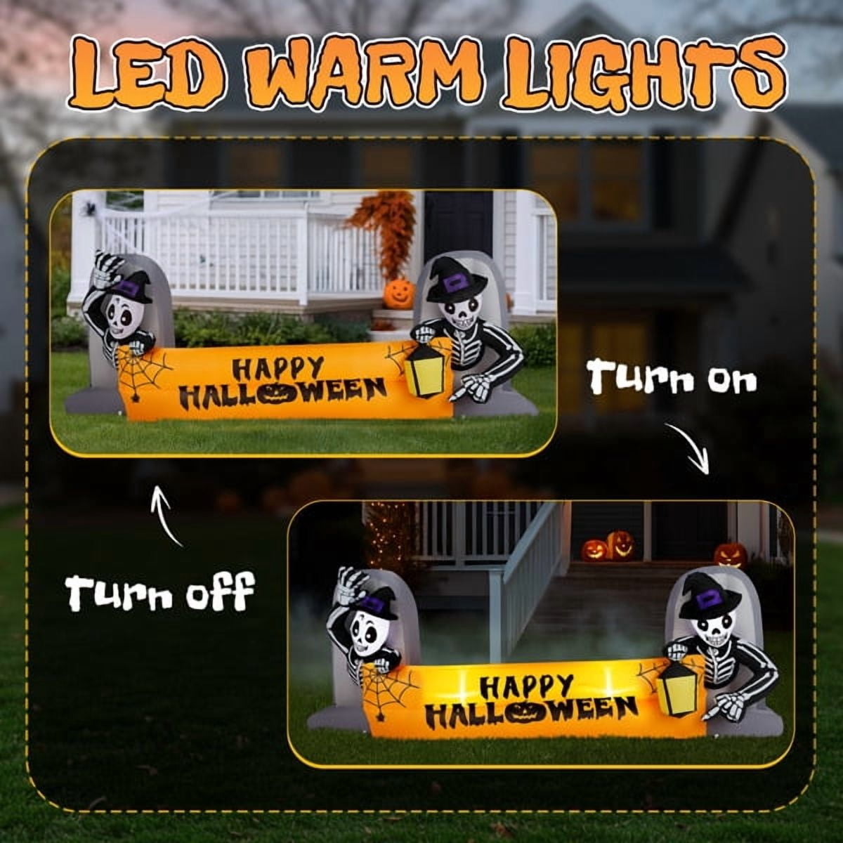 9.6FT Halloween Inflatable Skeleton Tombstone Banner, Built-in 4 White LED Lights, Quick Inflation for Yard/Patio/Party