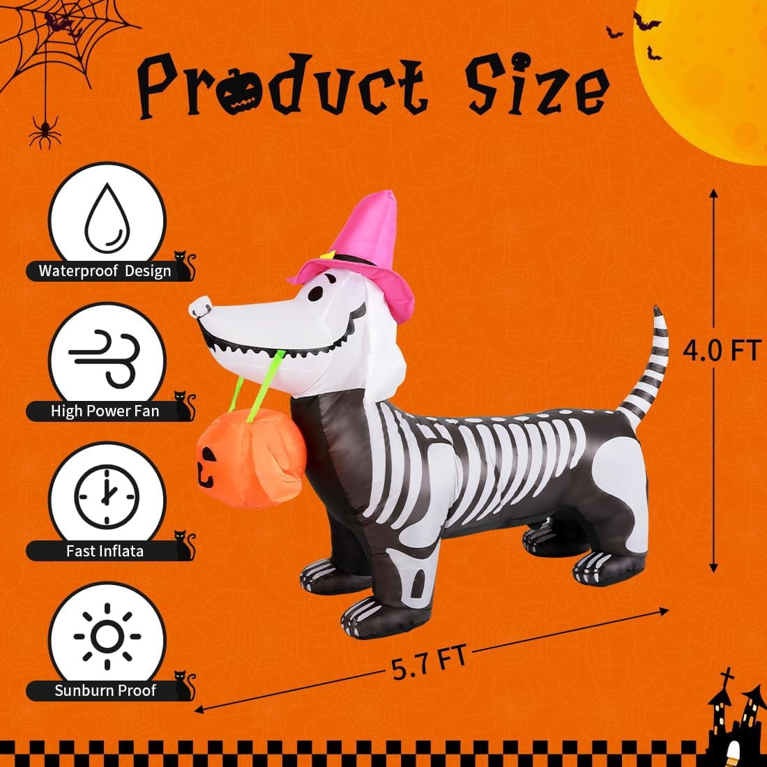 Halloween Inflatables 5.7 FT Halloween Skeleton Dog Inflatable, Halloween Skeleton Puppy Inflatable with Build-in LEDs, Outdoor Halloween Decorations Clearance for Halloween Holiday Party