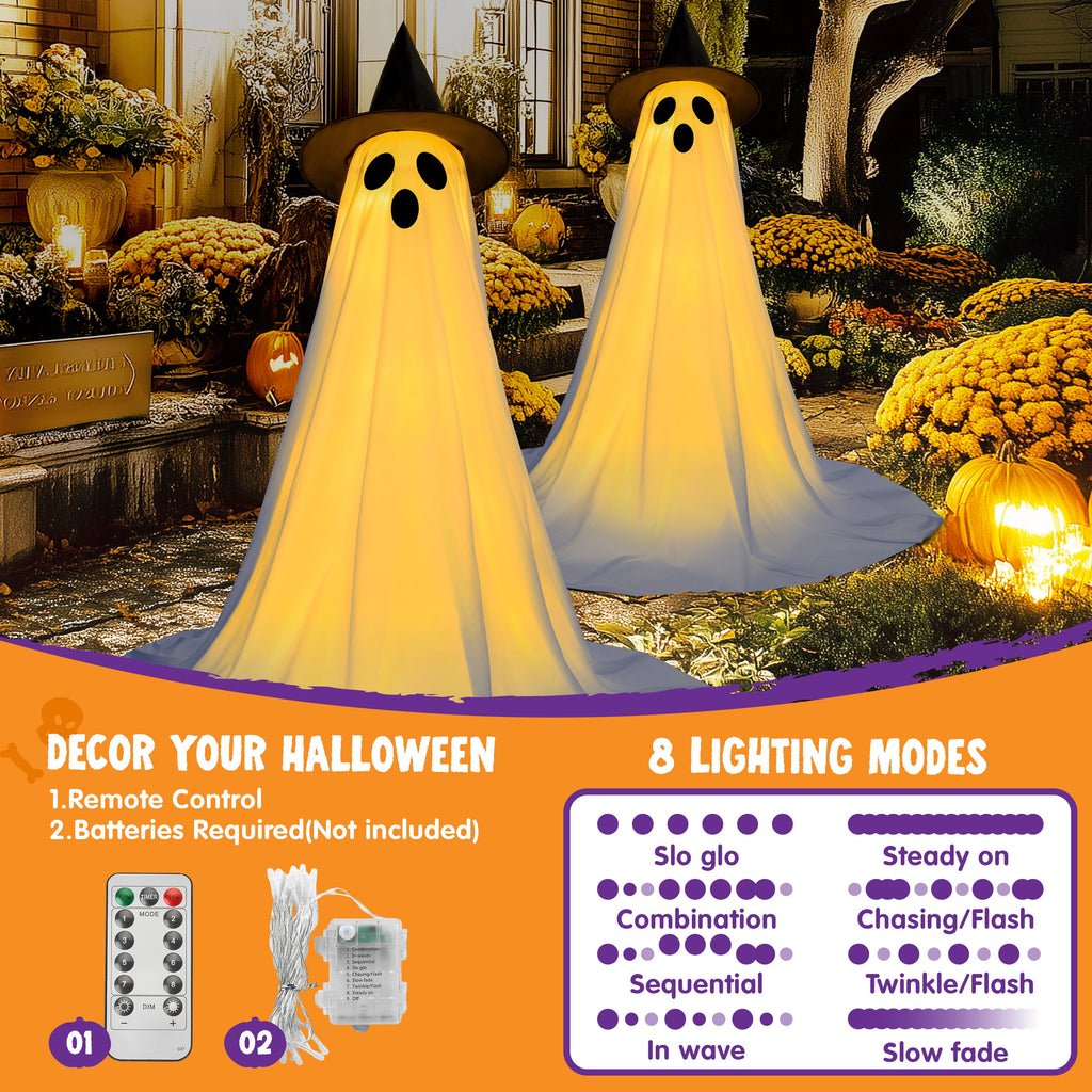 2 Packs Halloween Decorations Outdoor,Light Up Halloween Spooky Standing Ghost with Witch Hat,Scary Ghosts Decor with LED Lights for Front Porche Yard Garden Home