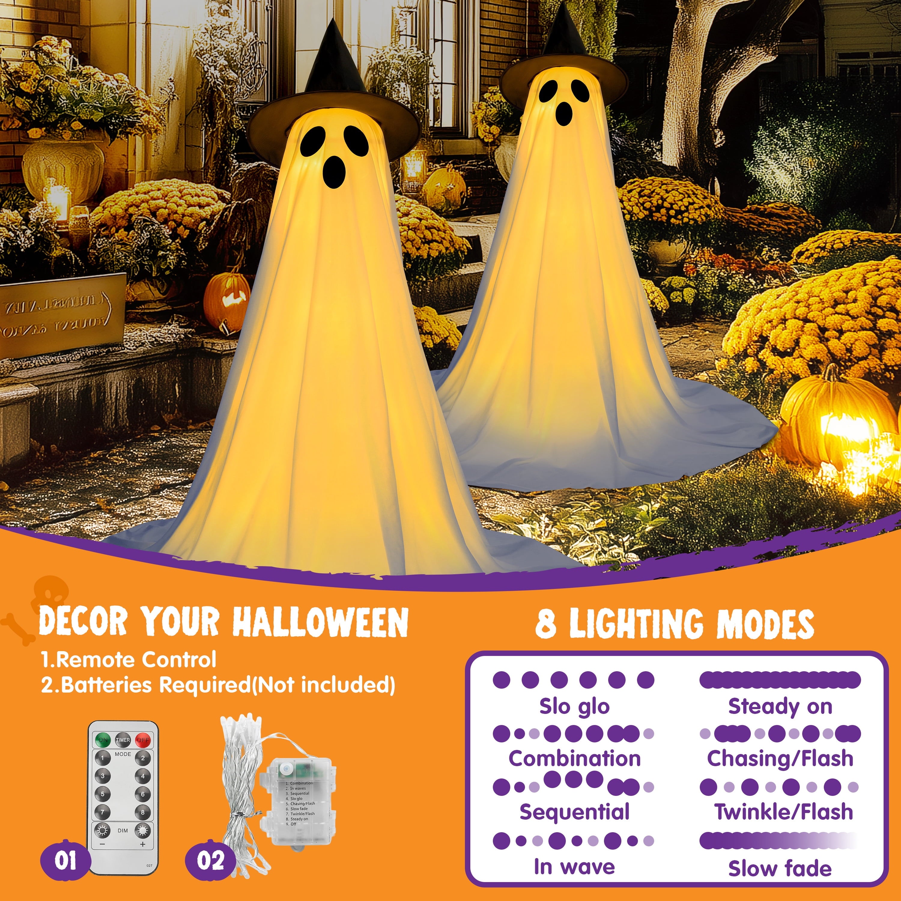 2 Packs Halloween Decorations Outdoor,Light Up Halloween Spooky Standing Ghost with Witch Hat,Scary Ghosts Decor with LED Lights for Front Porche Yard Garden Home