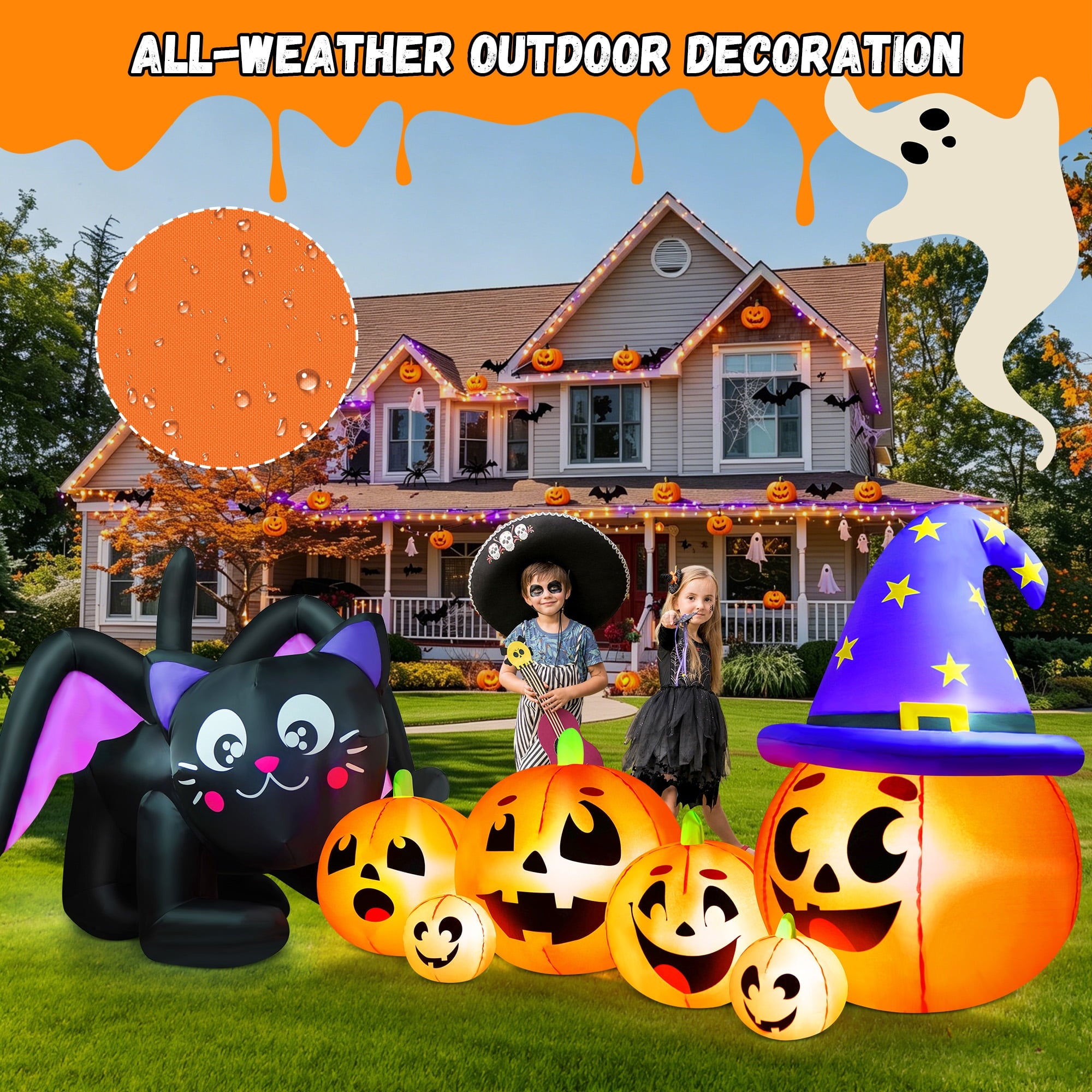 9FT Halloween Inflatable Black Cat with Pumpkin,Halloween Yard Decoration with 8 LED Lights,Blow Up Outdoor Lawn Decor