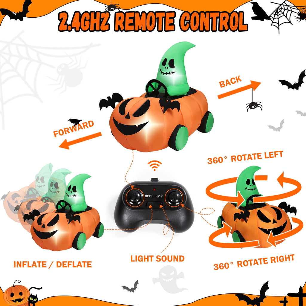 2.6ft Halloween Inflatable with Music and Lights,Remote Control Pumpkin Ghost Car,Blow ups Rc Car,Indoor Outdoor,Orange Green