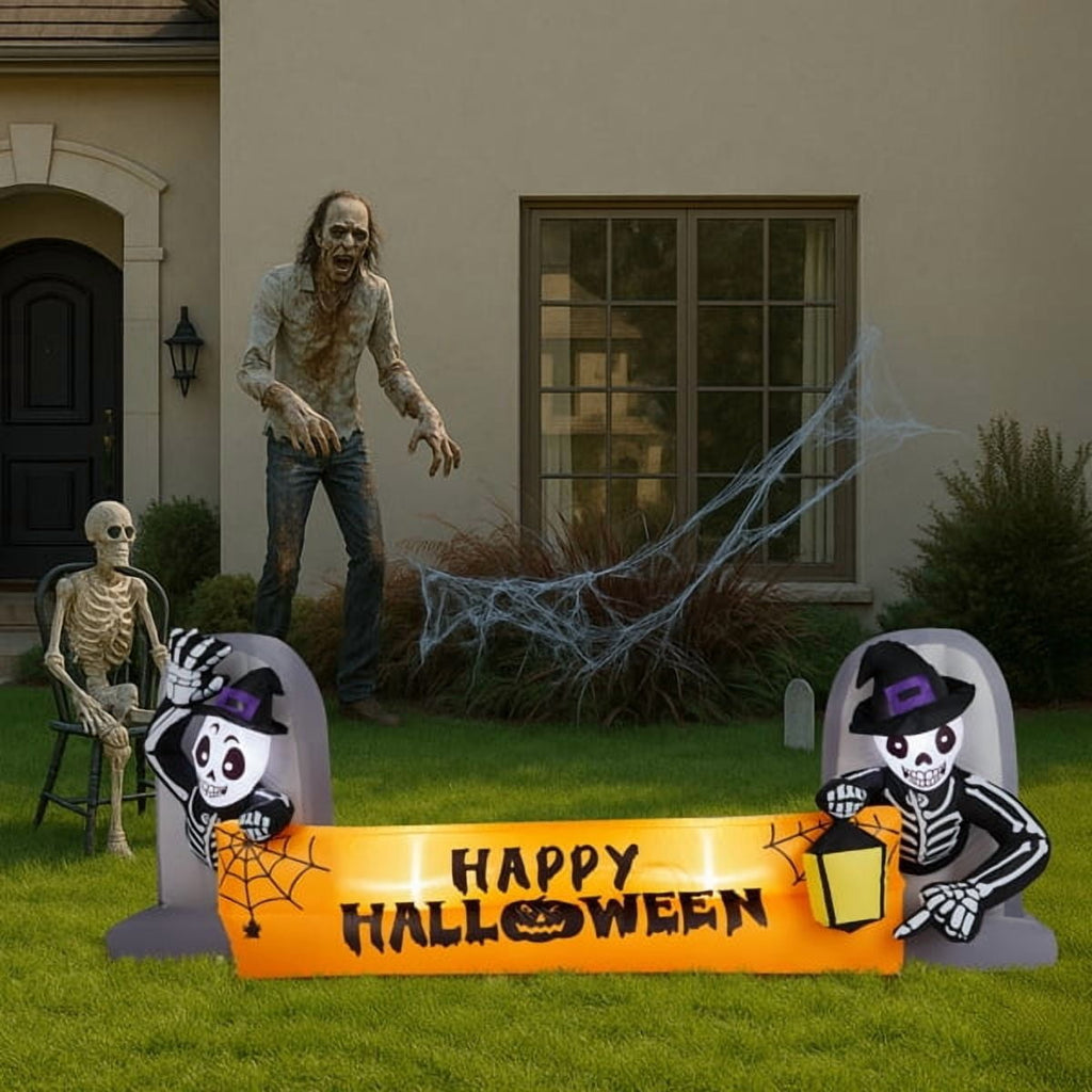 9.6FT Halloween Inflatable Skeleton Tombstone Banner, Built-in 4 White LED Lights, Quick Inflation for Yard/Patio/Party