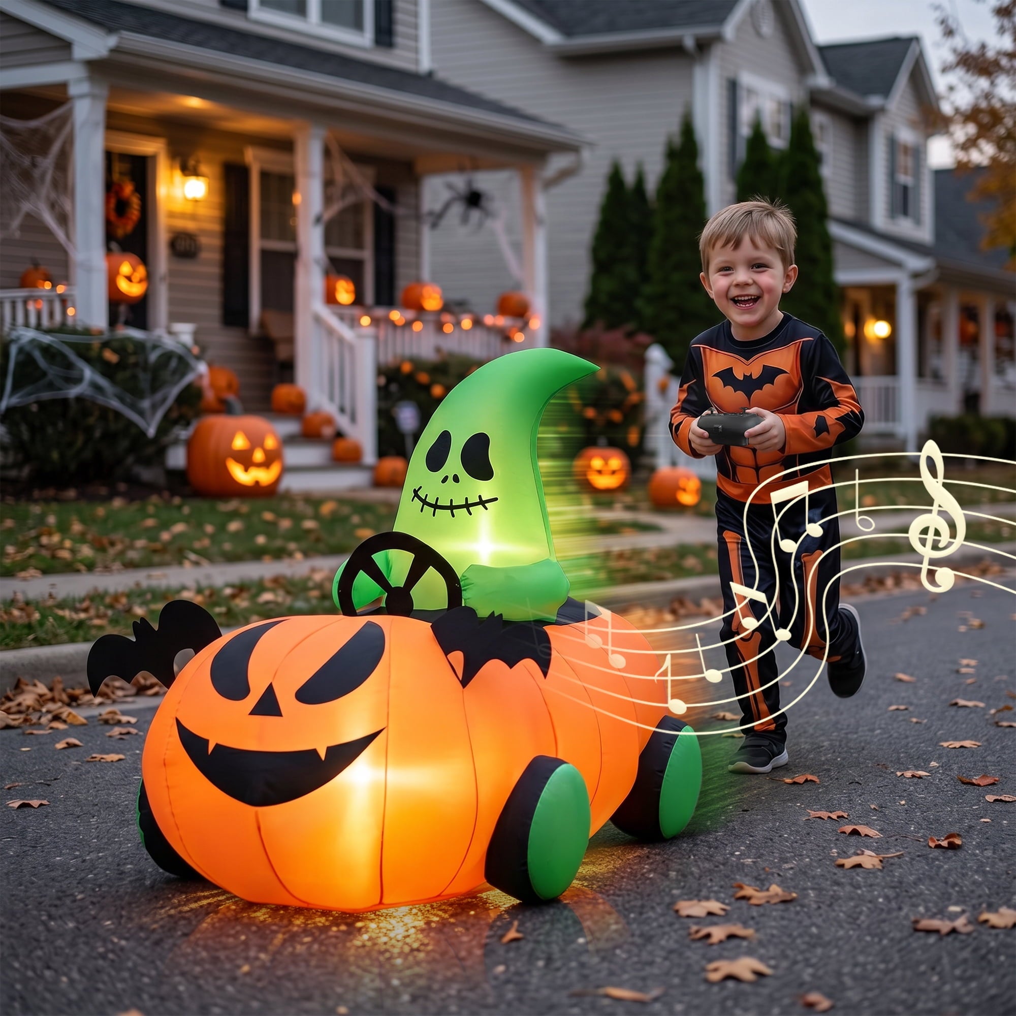 2.6ft Halloween Inflatable with Music and Lights,Remote Control Pumpkin Ghost Car,Blow ups Rc Car,Indoor Outdoor,Orange Green