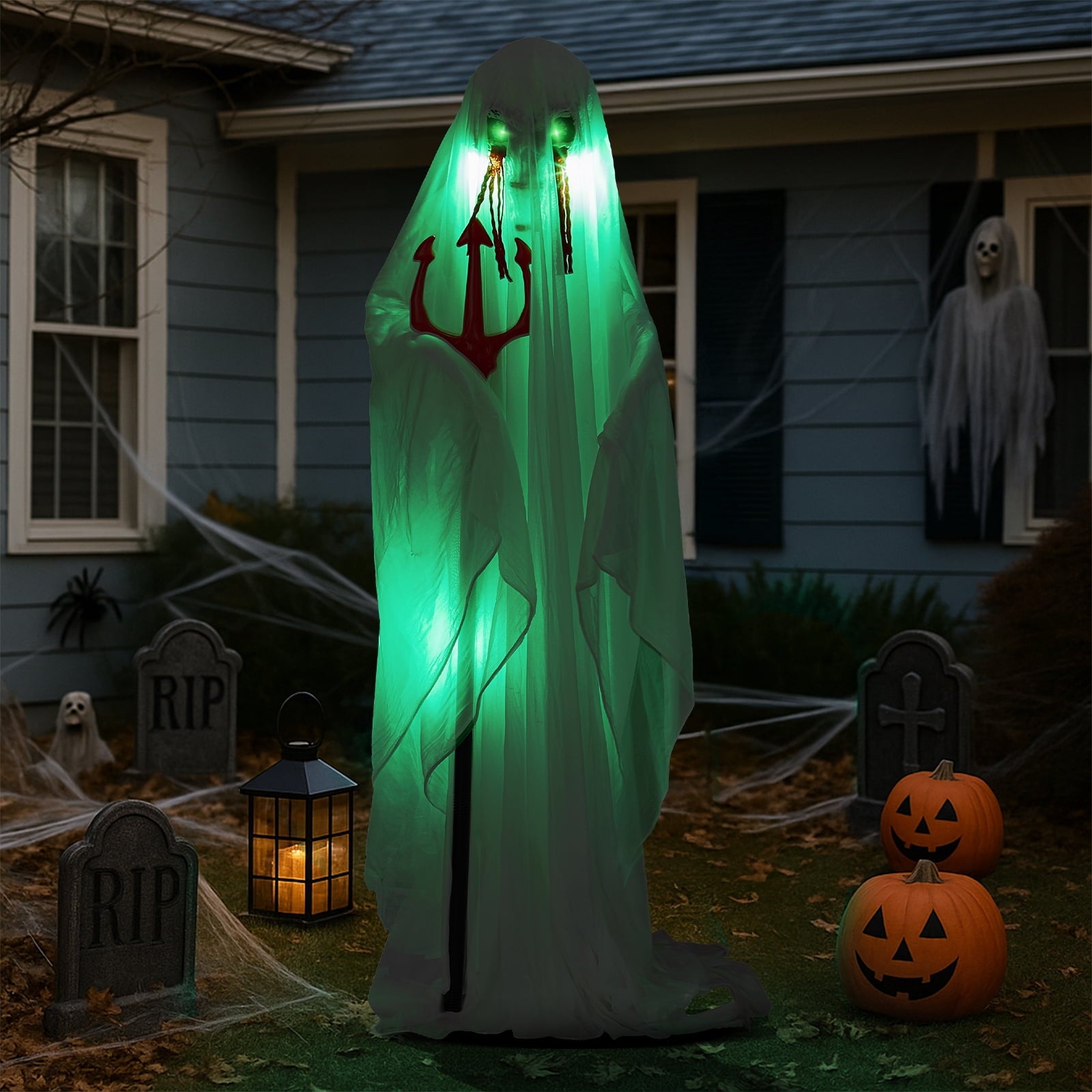 4.5ft Hanging Ghost Animated Halloween Decoration Creepy Halloween Skeleton w/ Pre-Recorded Screaming, LED Eyes