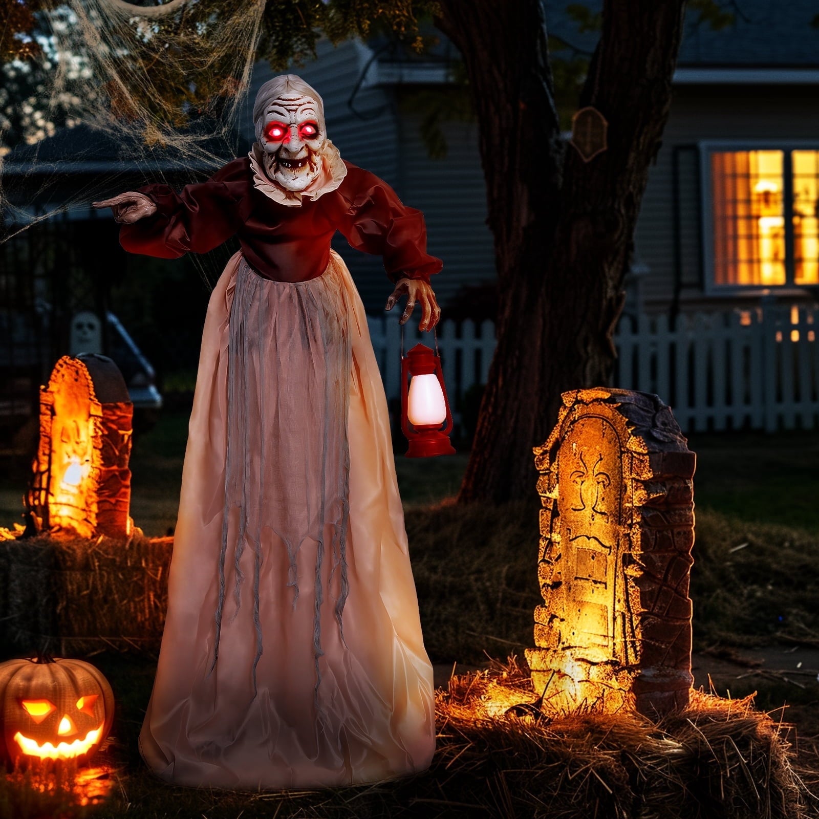 5FT Halloween Animatronics Life Size Witch Scary Prop, Motion Activated Outdoor Decoration for Haunted House Party Lawn Patio Yard Decor
