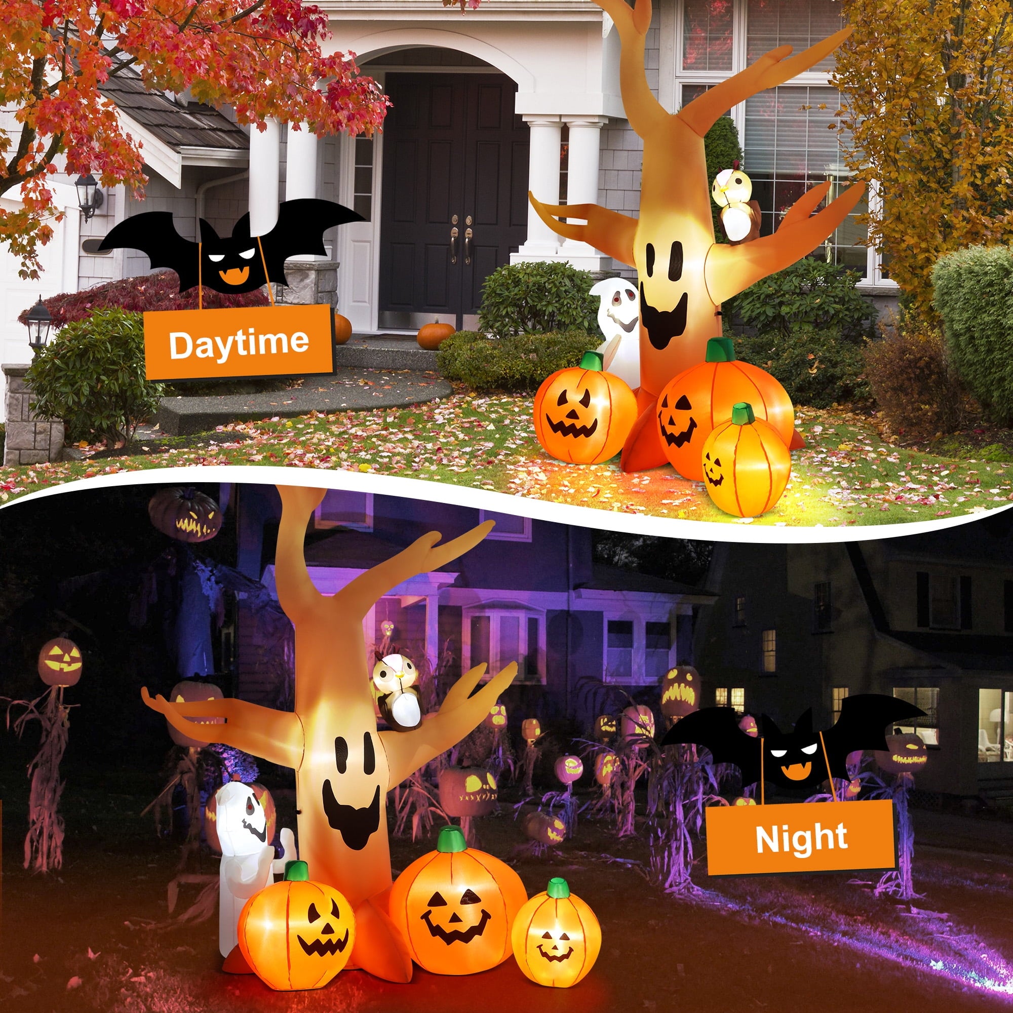 8FT Halloween Inflatables Dead Tree,Outdoor Halloween Decorations with Built-in LED Lights,Halloween Blow Up Yard Decorations with Pumpkin,Ghost,and Owl
