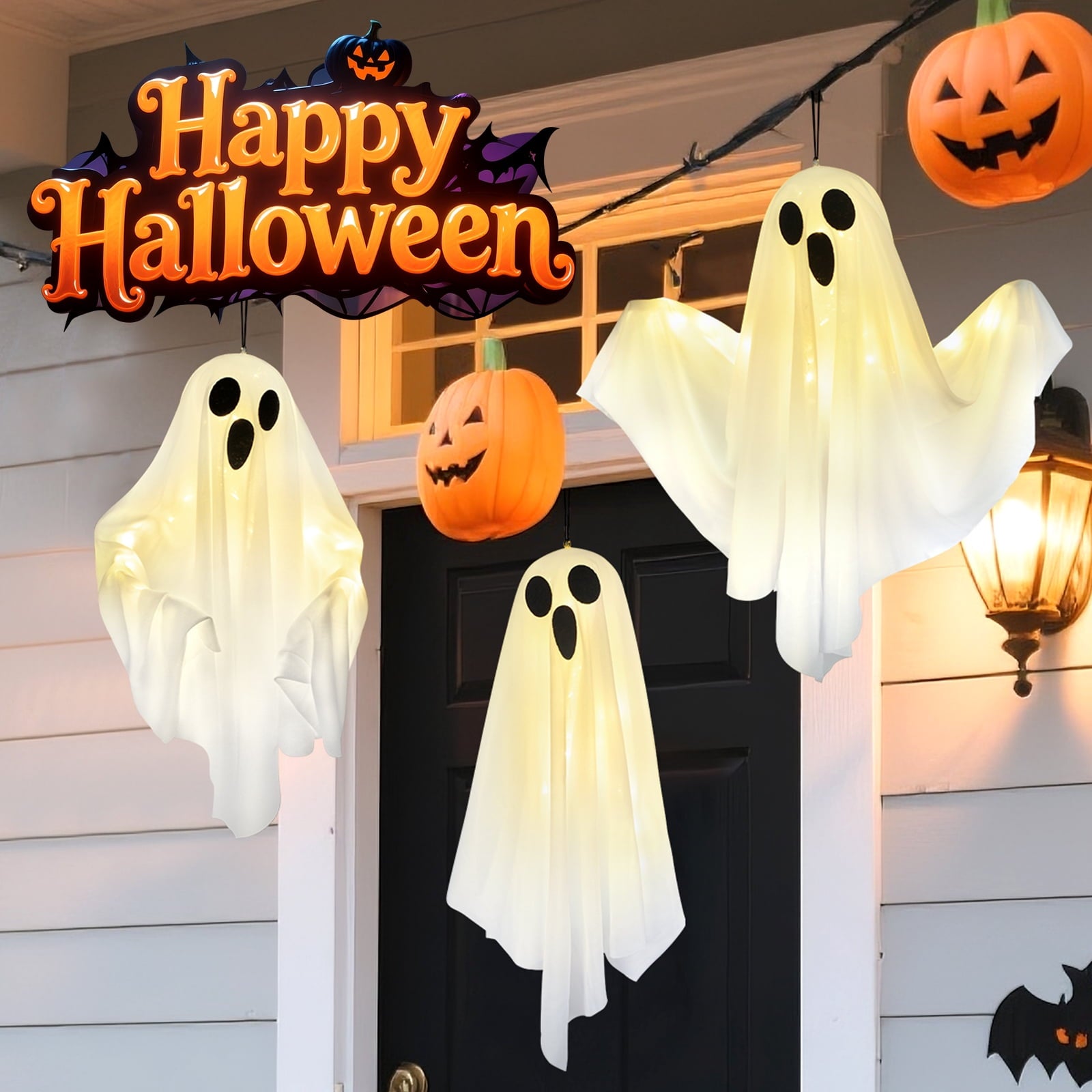 3 pack Hanging Ghosts Halloween Decor, 20 inch LED Glowing Ghost Halloween Decorations Outdoor Lights for Yard Porch Tree Garden Patio Bedroom Wall Party, Warm White