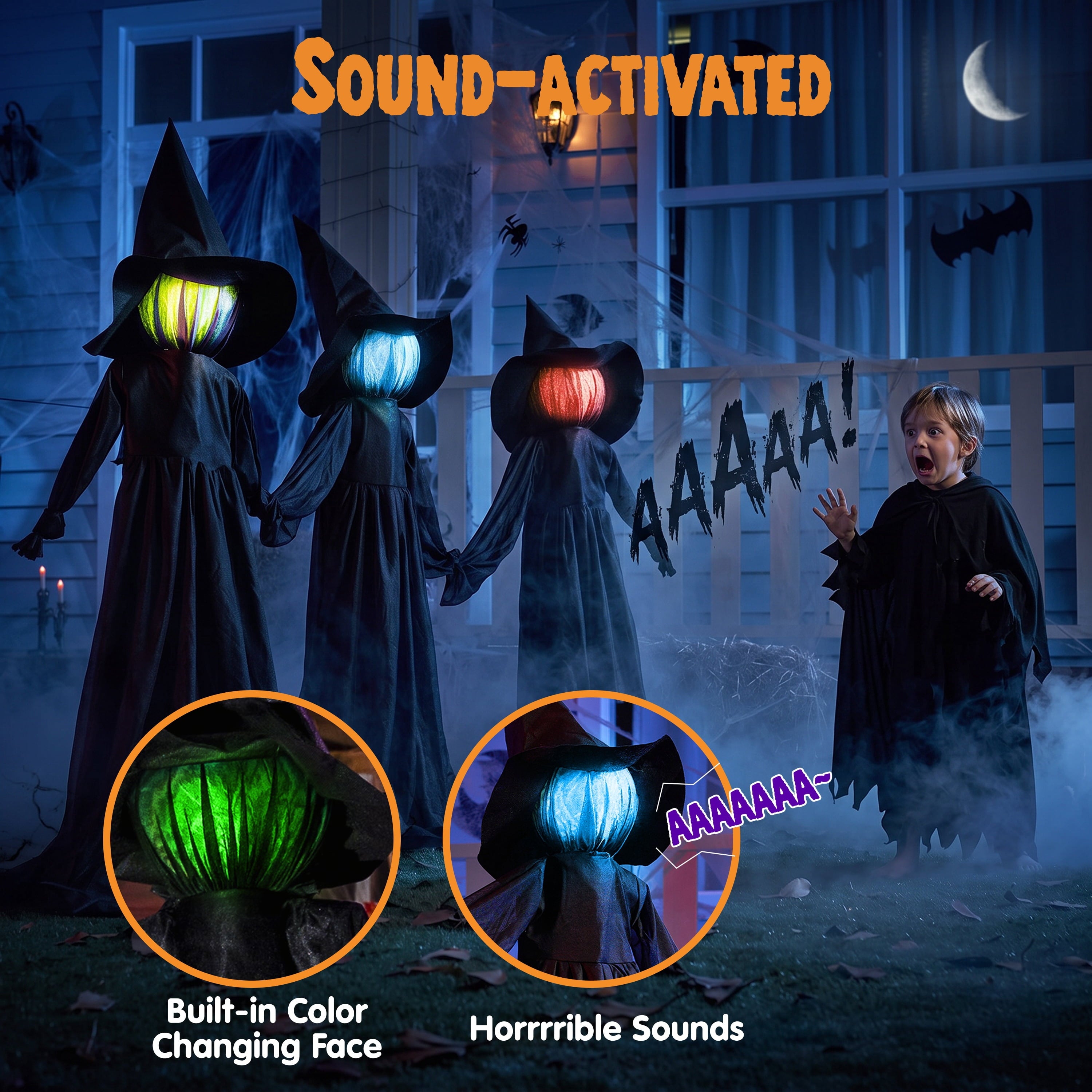 3 Pack Witches Halloween Decorations Outdoor, 51" Sound Activated Light Up Flying Witch Stakes with Color Changing Face & Creepy Sound, Life Size Halloween Props for Lawn Grave Party
