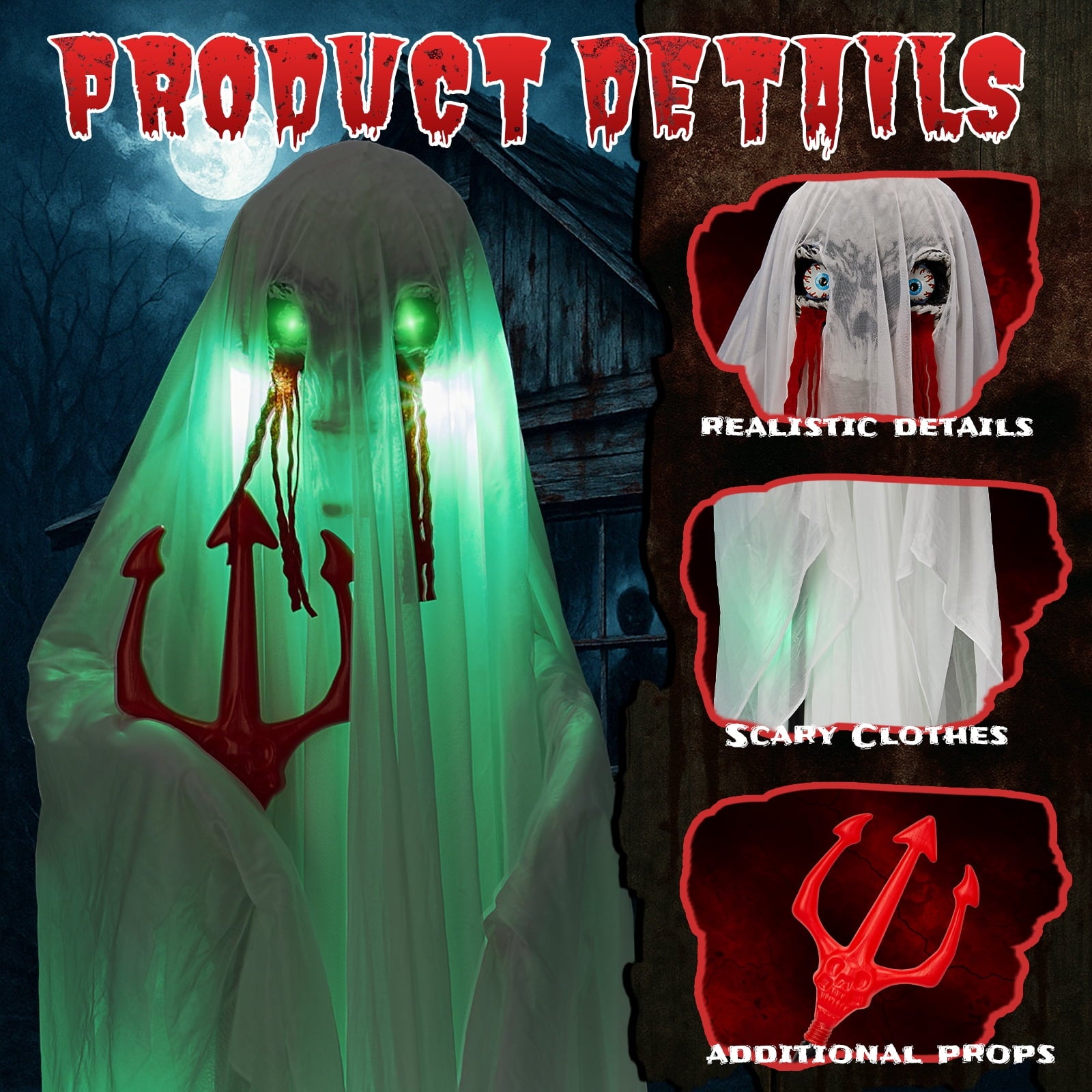 4.5ft Hanging Ghost Animated Halloween Decoration Creepy Halloween Skeleton w/ Pre-Recorded Screaming, LED Eyes
