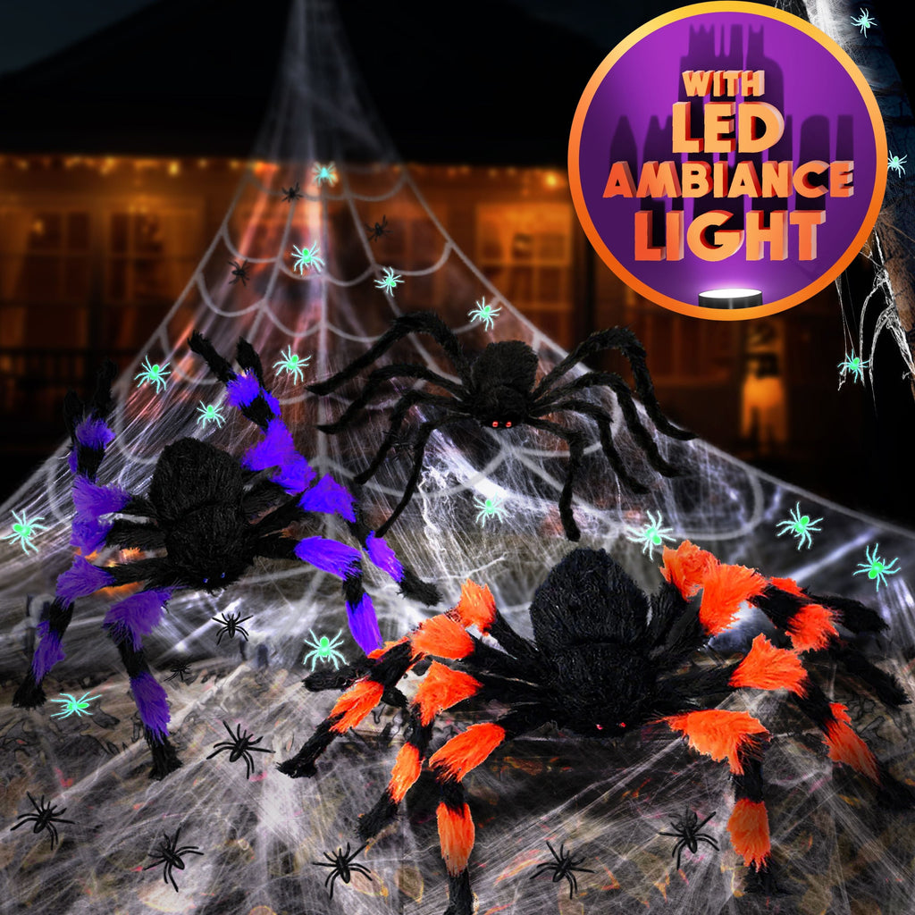 JoyX Giant Halloween Spider Web Decoration Set, 23 ft Huge Web with 50" Large Spider, LED Light, and Glow in The Dark Spiders for Outdoor Yard Decor