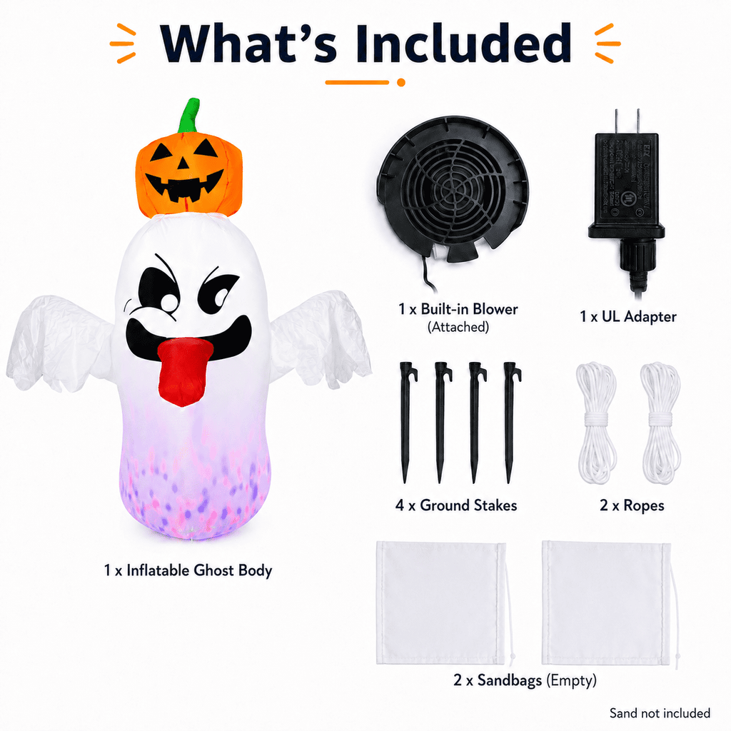 6FT Halloween Inflatable Ghost with Pumpkin Head, Light-Up Blow Up Outdoor Yard Decoration with White and RGB LED Lights