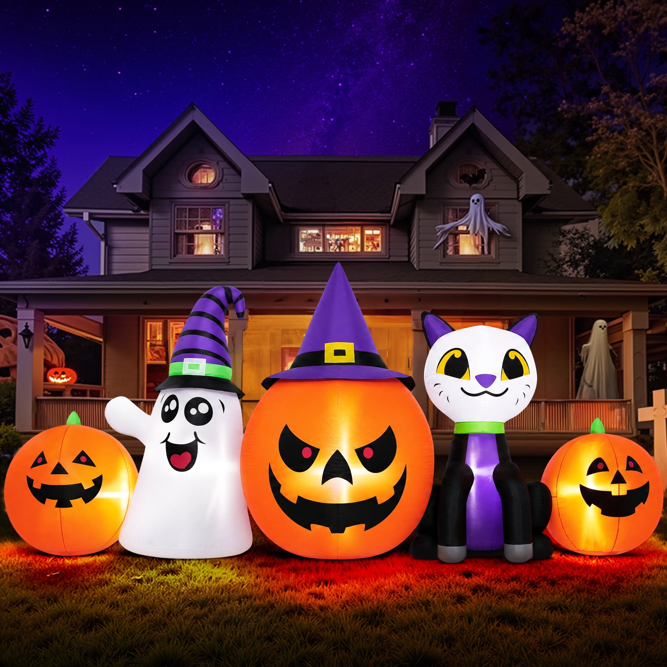 (2 pack) 8FT Halloween Inflatable Pumpkins Ghost Cat with Lights,Blow ups Outdoor Decorations for Yard