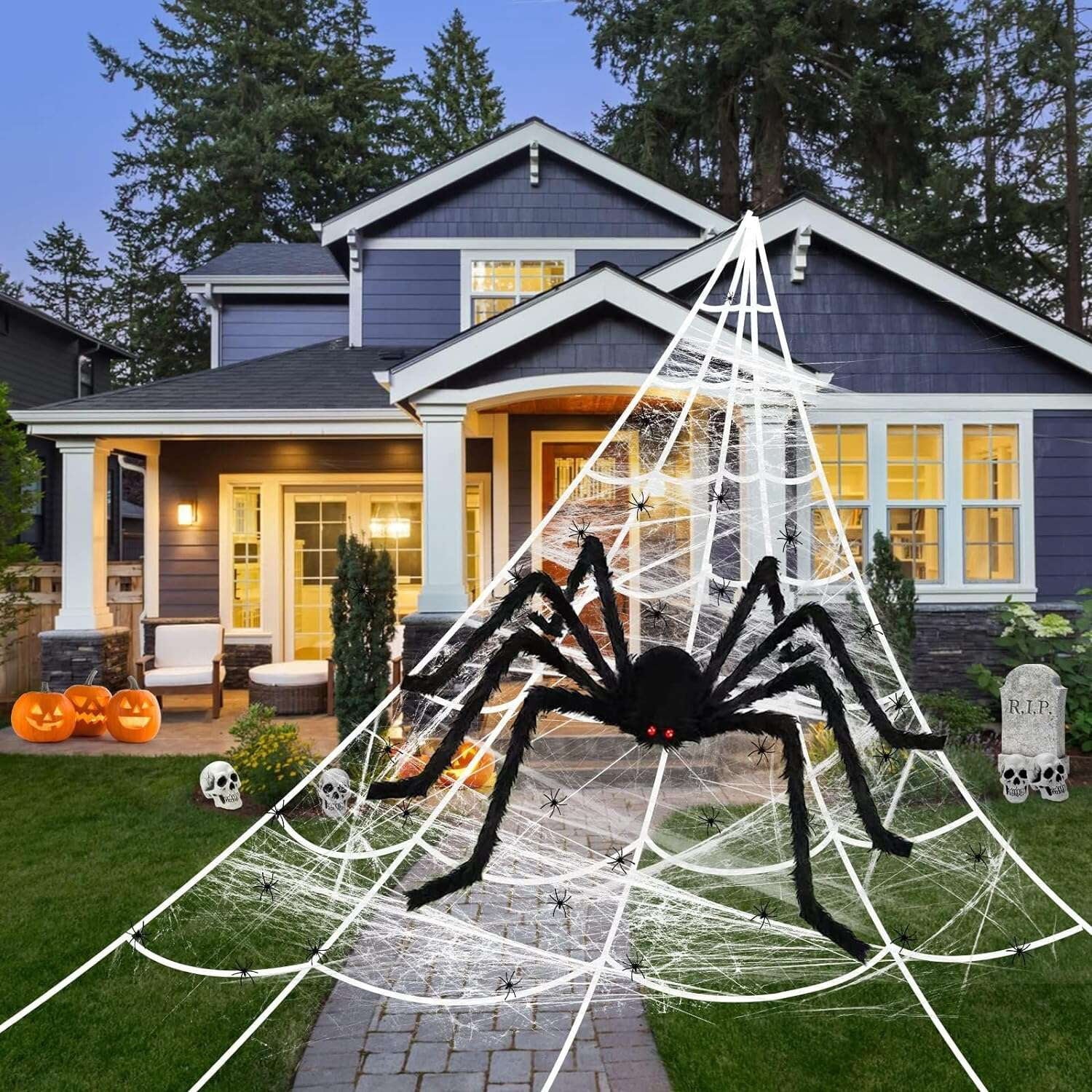 Coolmade Halloween Giant Spider Web Lights Decorations Outdoor, 16.4ft 250 LED Lighted Spider Web Light up with 8 Modes with 59" Giant Spider for Yard House Decor