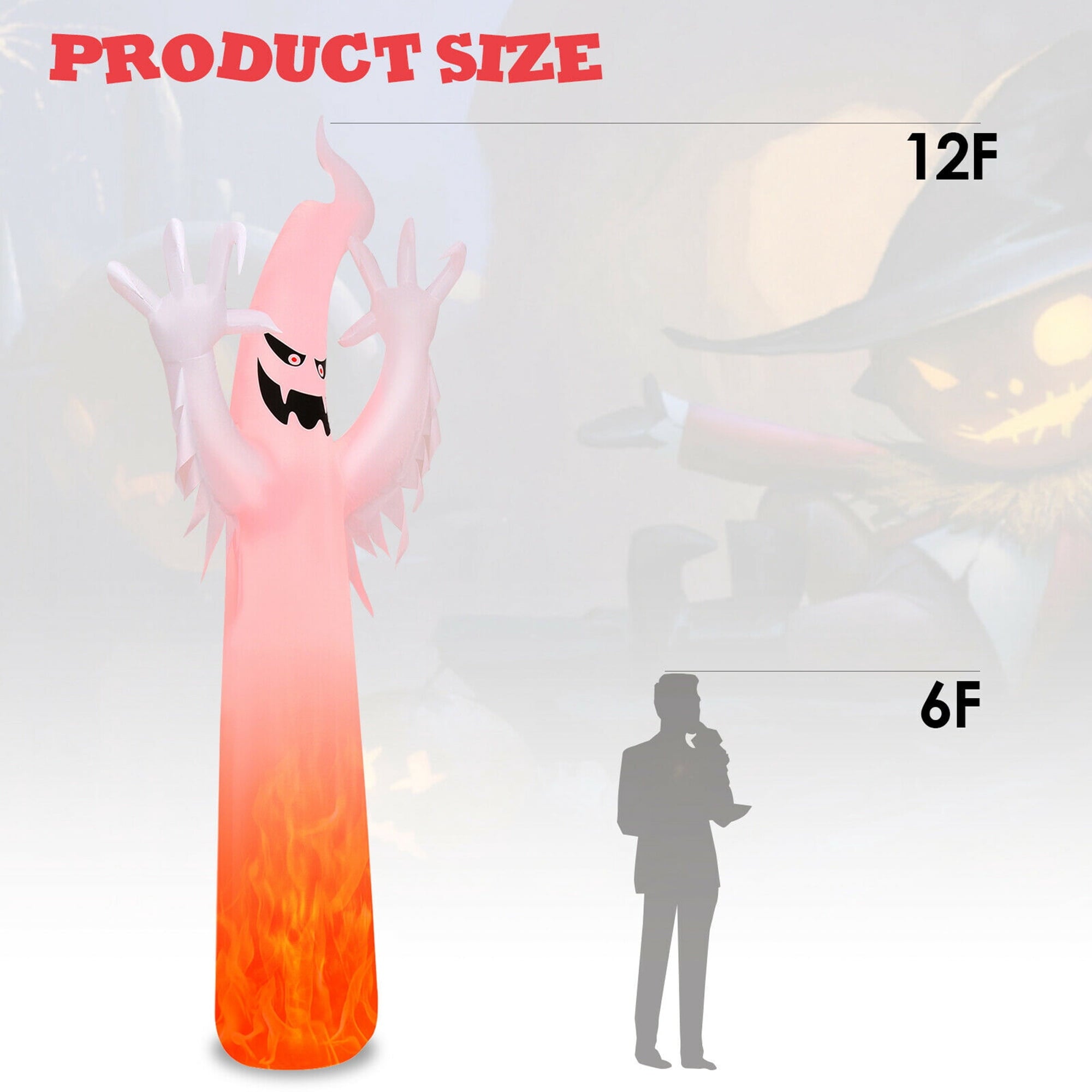 Gymax 12ft Inflatable Halloween Ghost Blow Up Decoration w/ Built-in Flame Light