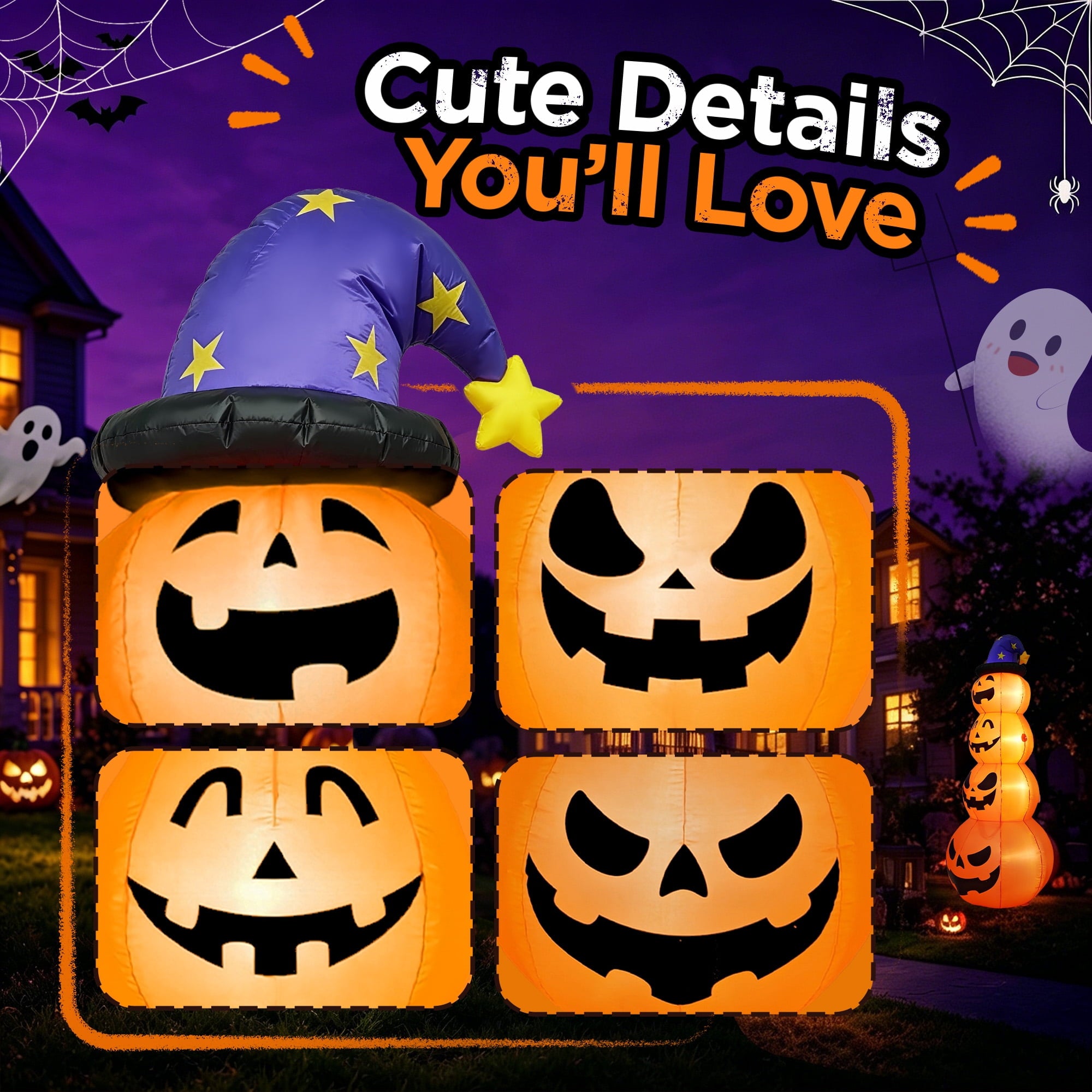 8ft Halloween Inflatable, Stacked Pumpkins with Witch Hat and Built-in LED Lights, Outdoor Blow up Yard Decor for Lawn, Garden, Porch and Halloween Party, Orange