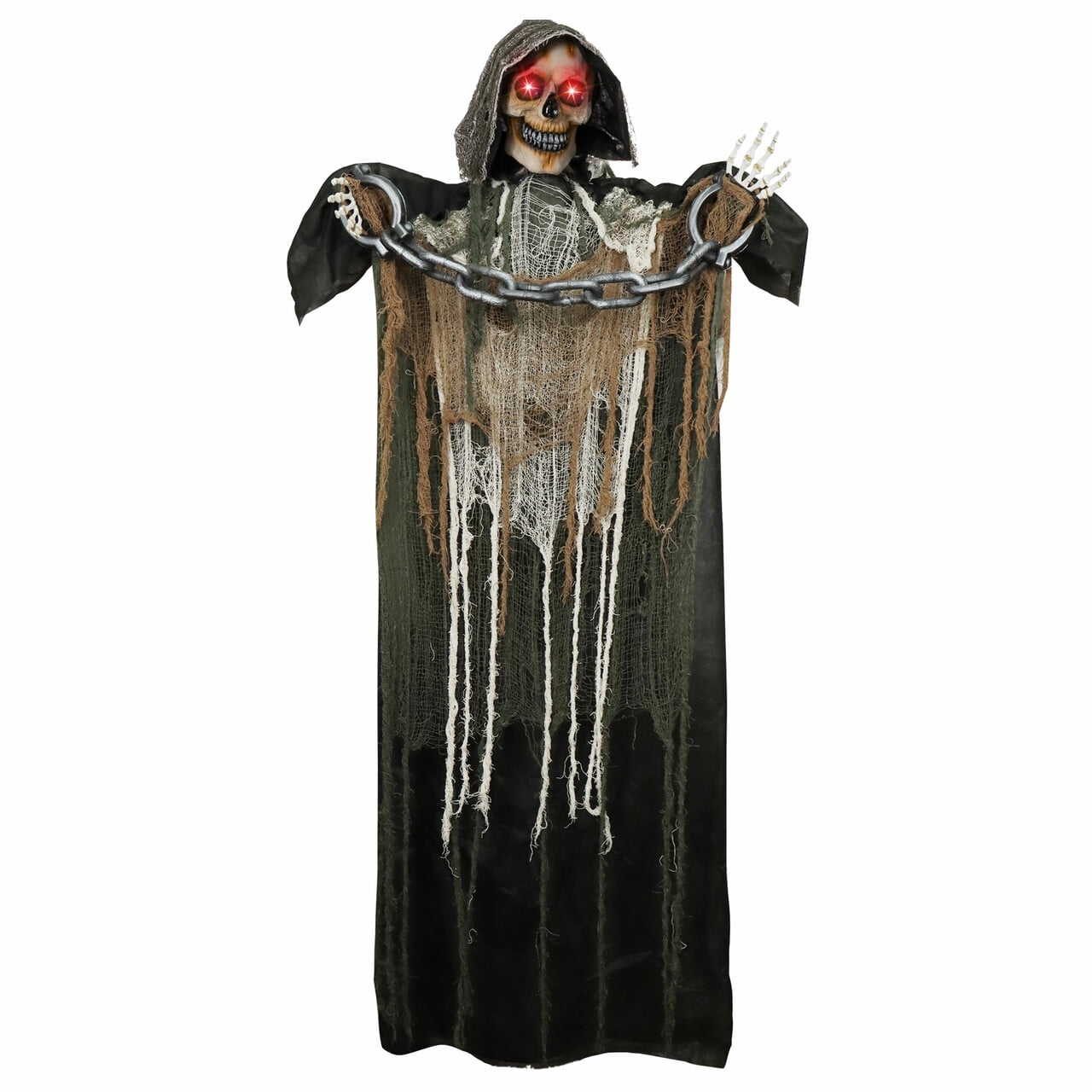 67" Standing Grim Reaper with Chain, Large Halloween Decorations Outdoor, Life Size Animatronics Skelton, Sound-Actived Party Decor with Creepy Sound & LED Eyes, Scary Haunted House Props