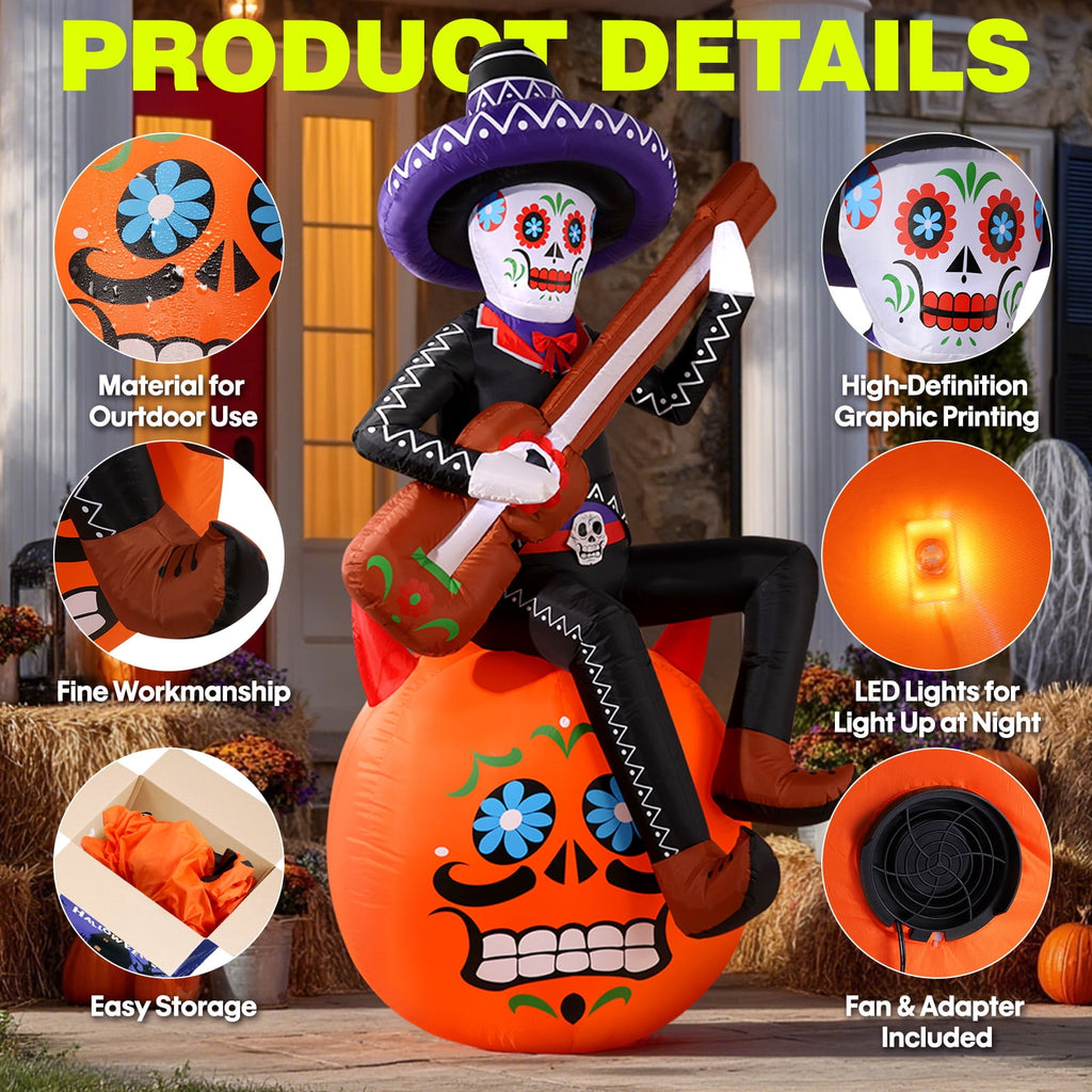 6FT Halloween Inflatable Outdoor Decoration, Day of the Dead Skull with Guitar, Blow Up Yard Decor