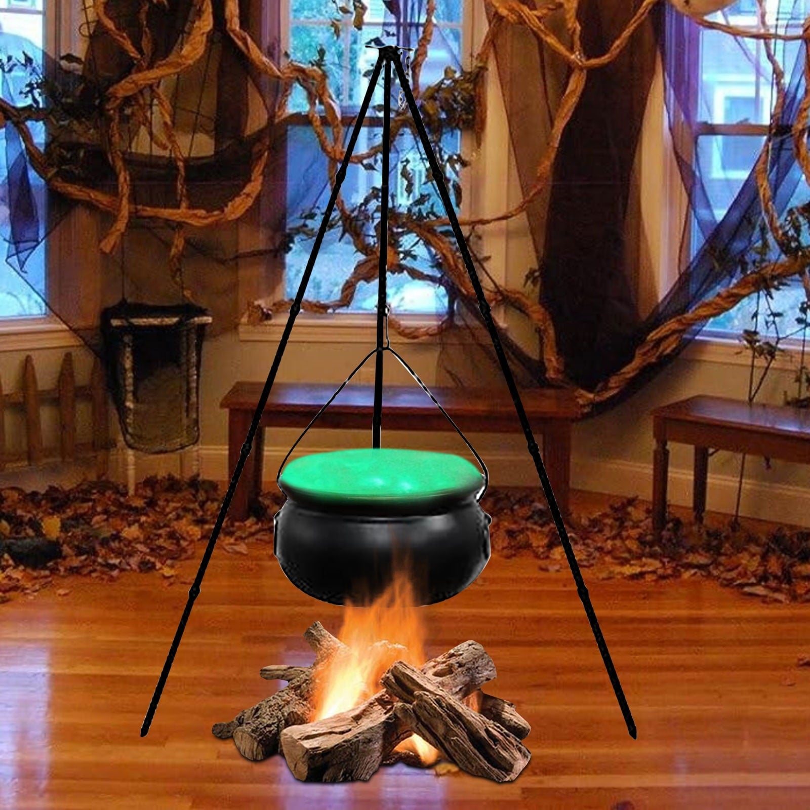 SDJMa Halloween Decorations Outdoor, 7.8" Witch Cauldron on 30.7" Tripod with Timer String Lights, Halloween Haunted House Decor for Yard Lawn Garden Outside Party Supplies