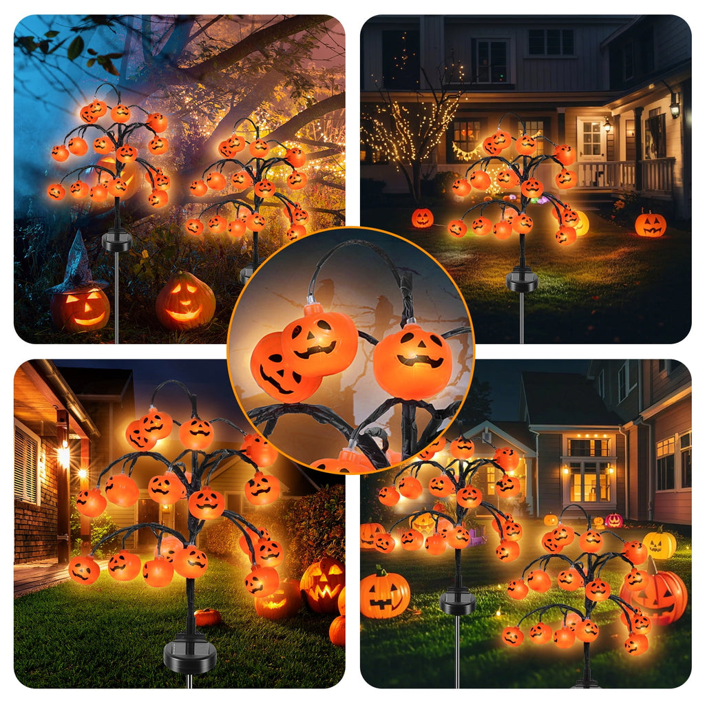 2 packs 40 LEDs Solar Halloween Pumpkin Stake Lights, 2 Modes Outdoor Waterproof Halloween Decorations, Solar Halloween Lights Stakes for Garden Yard Pathway