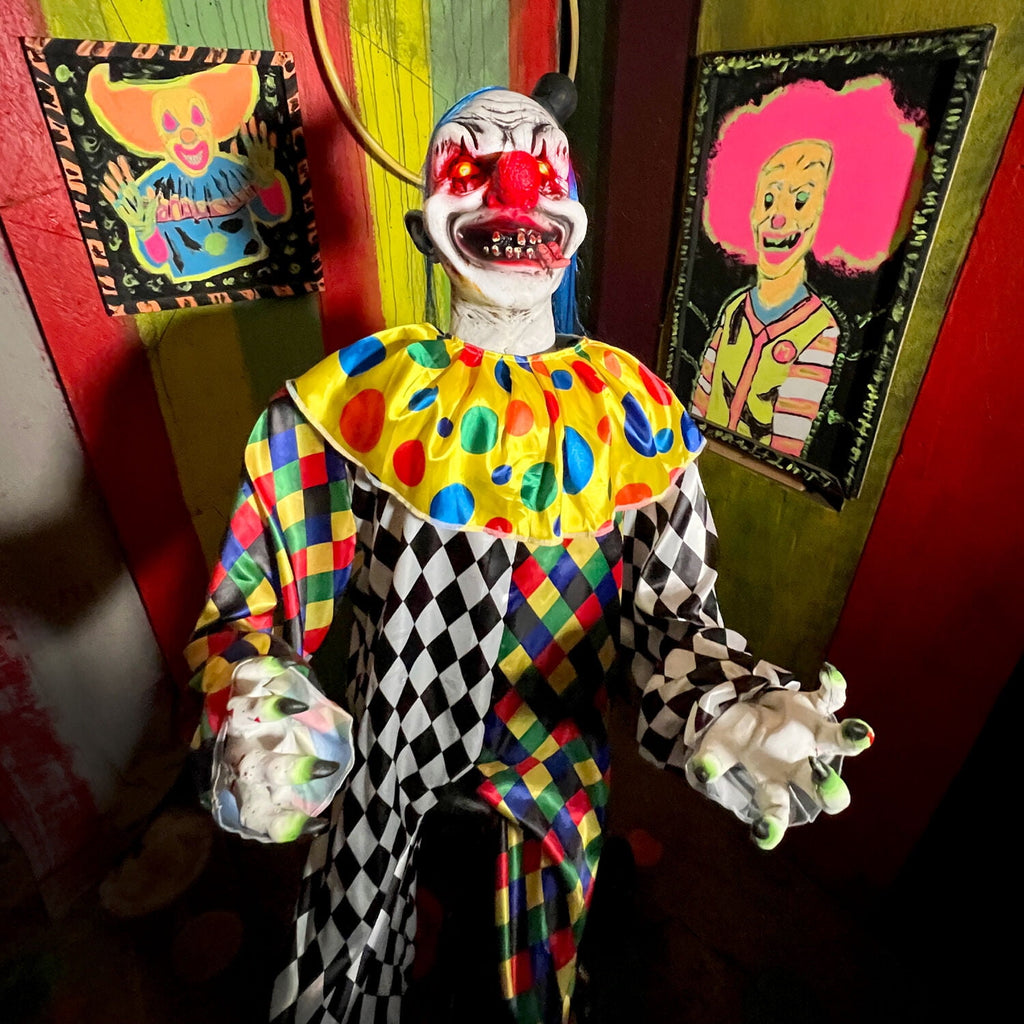 5.9 ft Voice & Sound-Sensor Clown on Tricycle Halloween Animatronic, HHTRIBKCLOWN-1FLSA