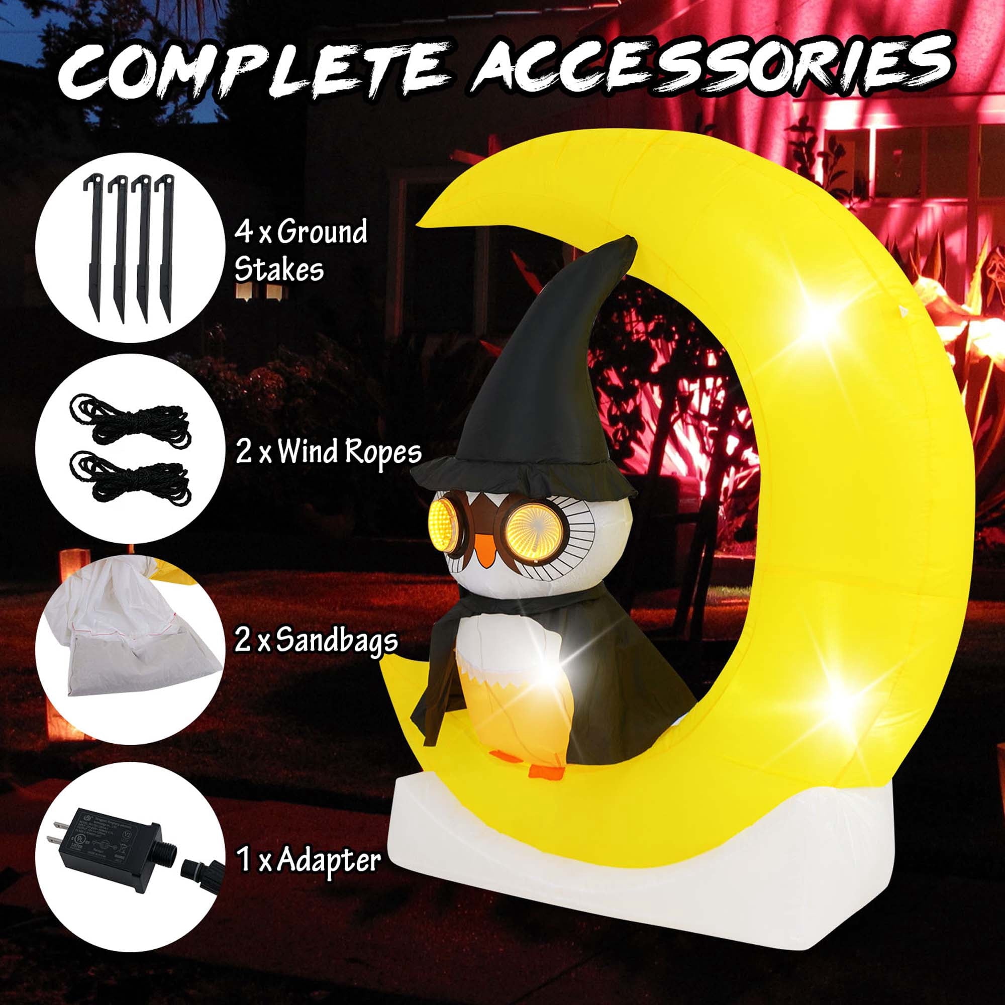Costway 4.3 x 5.1 ft Inflatable Owl on Moon LED Lighted Halloween Decoration w/ Large Moon & Wizard Owl w/ Stakes & Sandbags