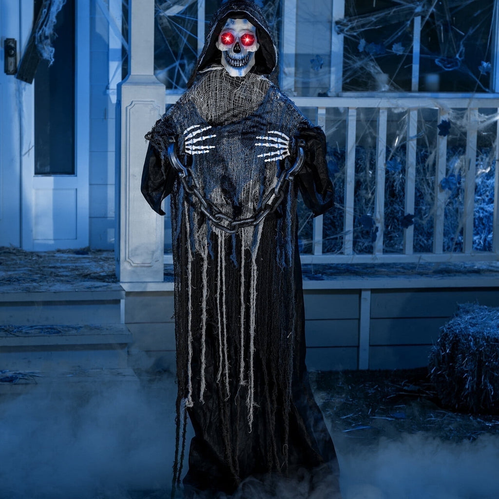 67" Standing Grim Reaper with Chain, Large Halloween Decorations Outdoor, Life Size Animatronics Skelton, Sound-Actived Party Decor with Creepy Sound & LED Eyes, Scary Haunted House Props