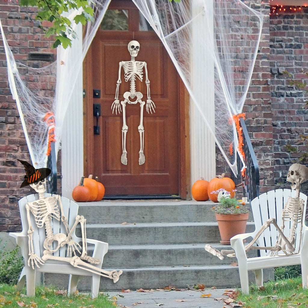 OZMI Halloween Skeleton Decoration for Haunted House, 38 Inch Full Body Plastic Skull Skeleton with Posable Joints for Halloween Party Haunted House Bar Graveyard Decorations Party