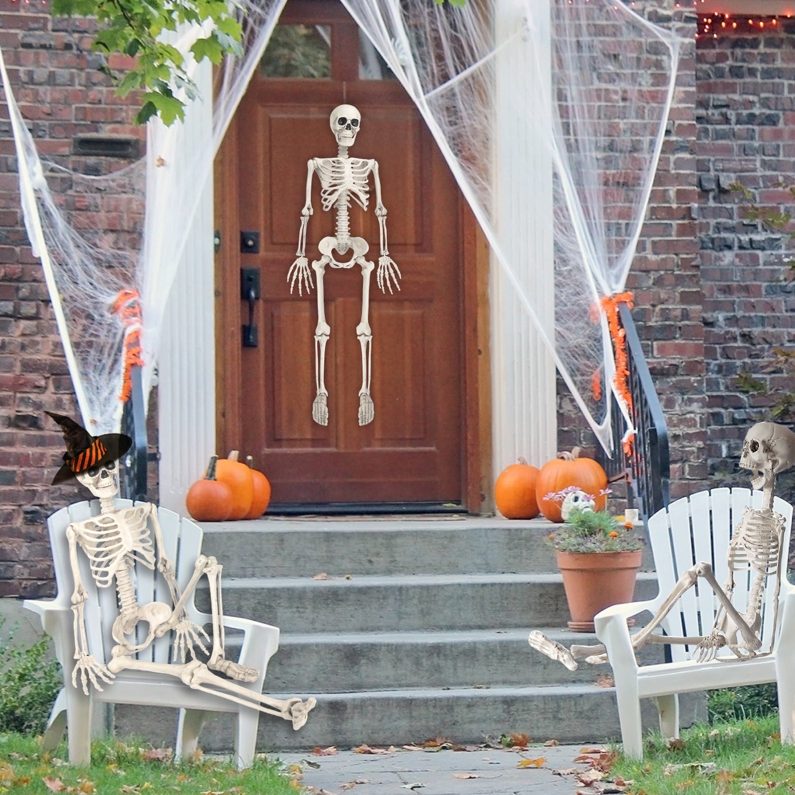 OZMI Halloween Skeleton Decoration for Haunted House, 38 Inch Full Body Plastic Skull Skeleton with Posable Joints for Halloween Party Haunted House Bar Graveyard Decorations Party