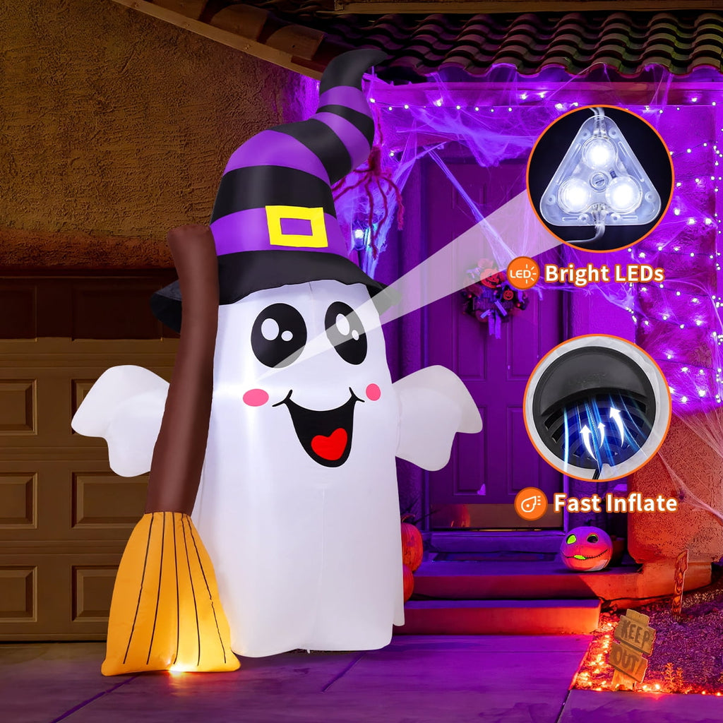 Halloween Inflatables 6 FT Halloween Ghost Inflatable Grasping Broom with LED Lights, Blow up Ghost Cute Inflatable Ghost, Outdoor Halloween Decorations for Holiday Party Indoor Outdoor
