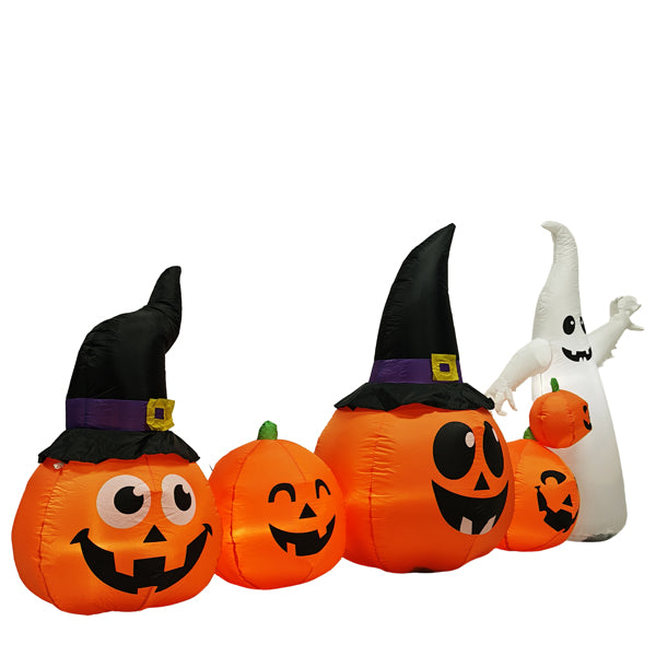 8FT Halloween Inflatable Pumpkin Ghost Scene, 5 Total LEDs, Waterproof Polyester, Quick Inflation with Stakes/Ropes for Yard/Garden/Indoor