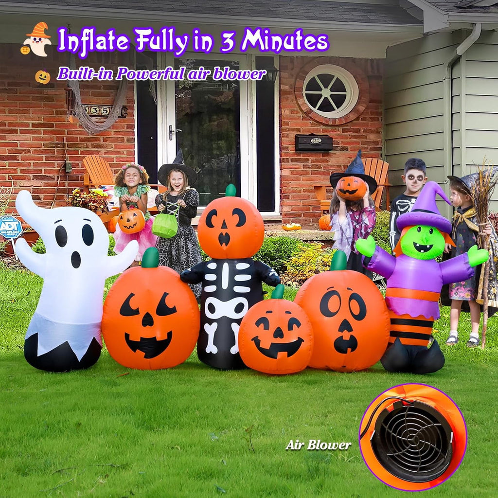 8FT Length Halloween Inflatable Witch, Ghost, with Pumpkin Outdoor Decoration for Party Garden Lawn House Holiday Decor,Built-in LED Lights & Powerful Air Blower